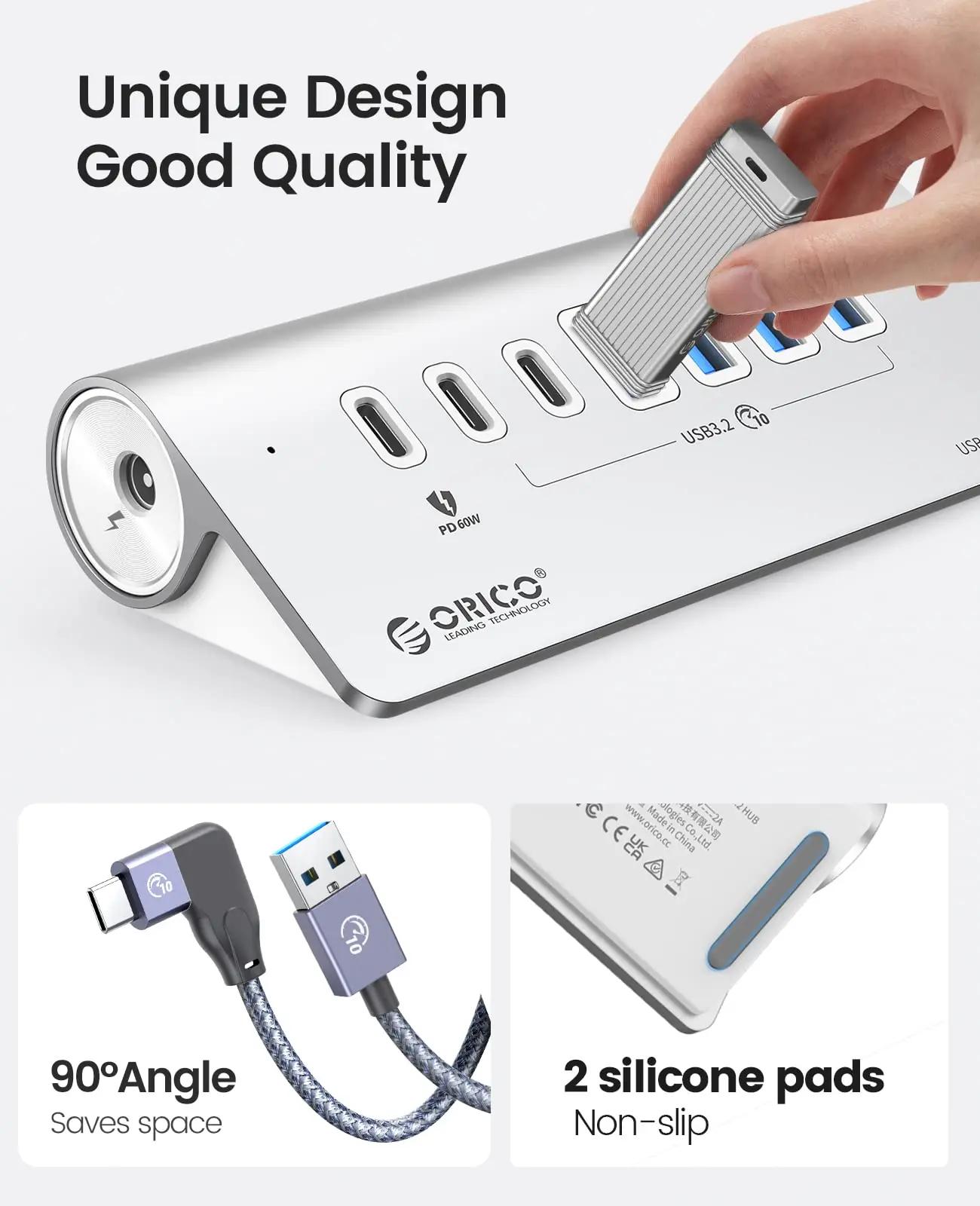 ORICO alumiiniumist USB-C hub – 7-port, PD 60 W ja 10 Gbps – pakend ja tarvikud