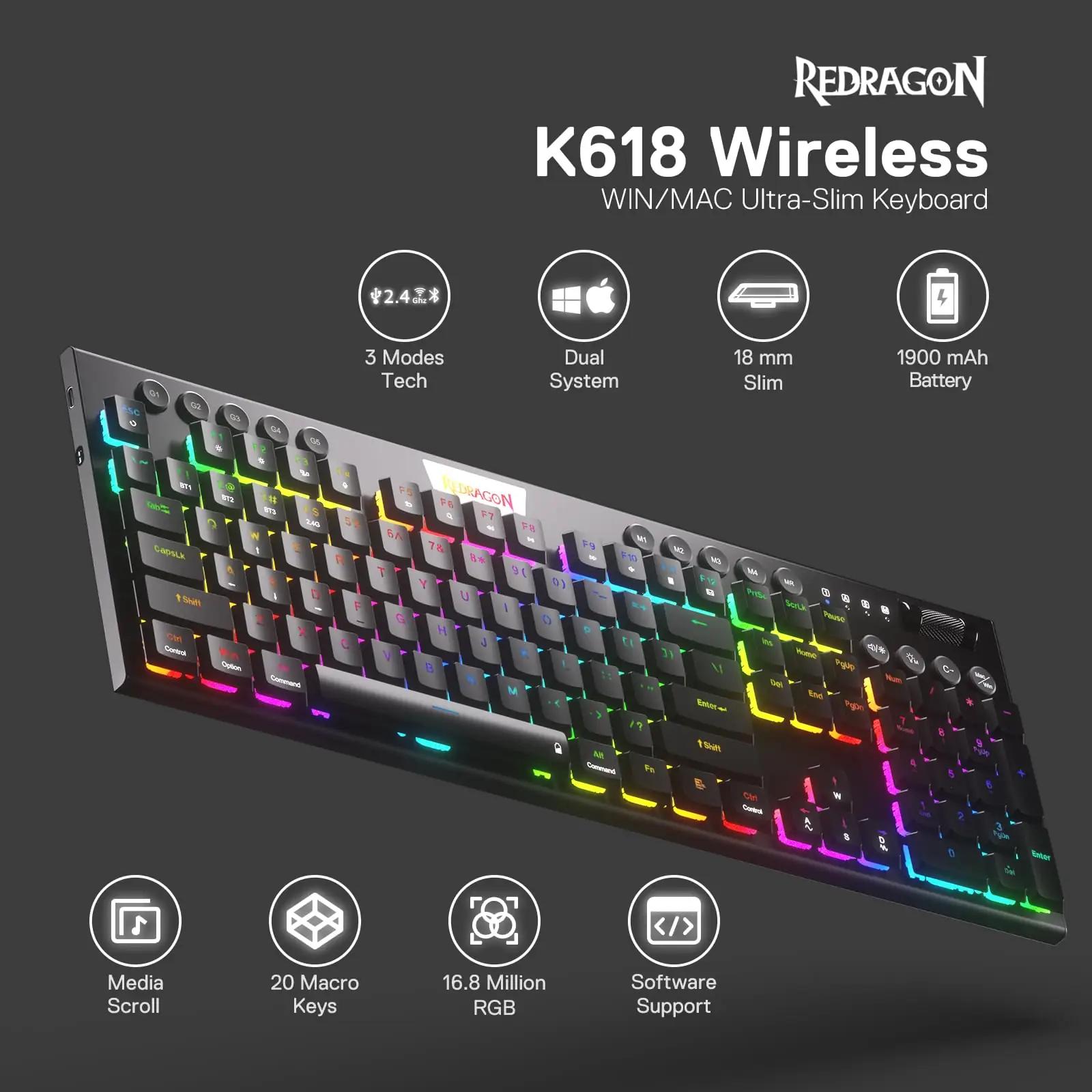 Redragon stiilne mehaaniline K618 klaviatuur – RGB ja tri-režiim – detailne vaade