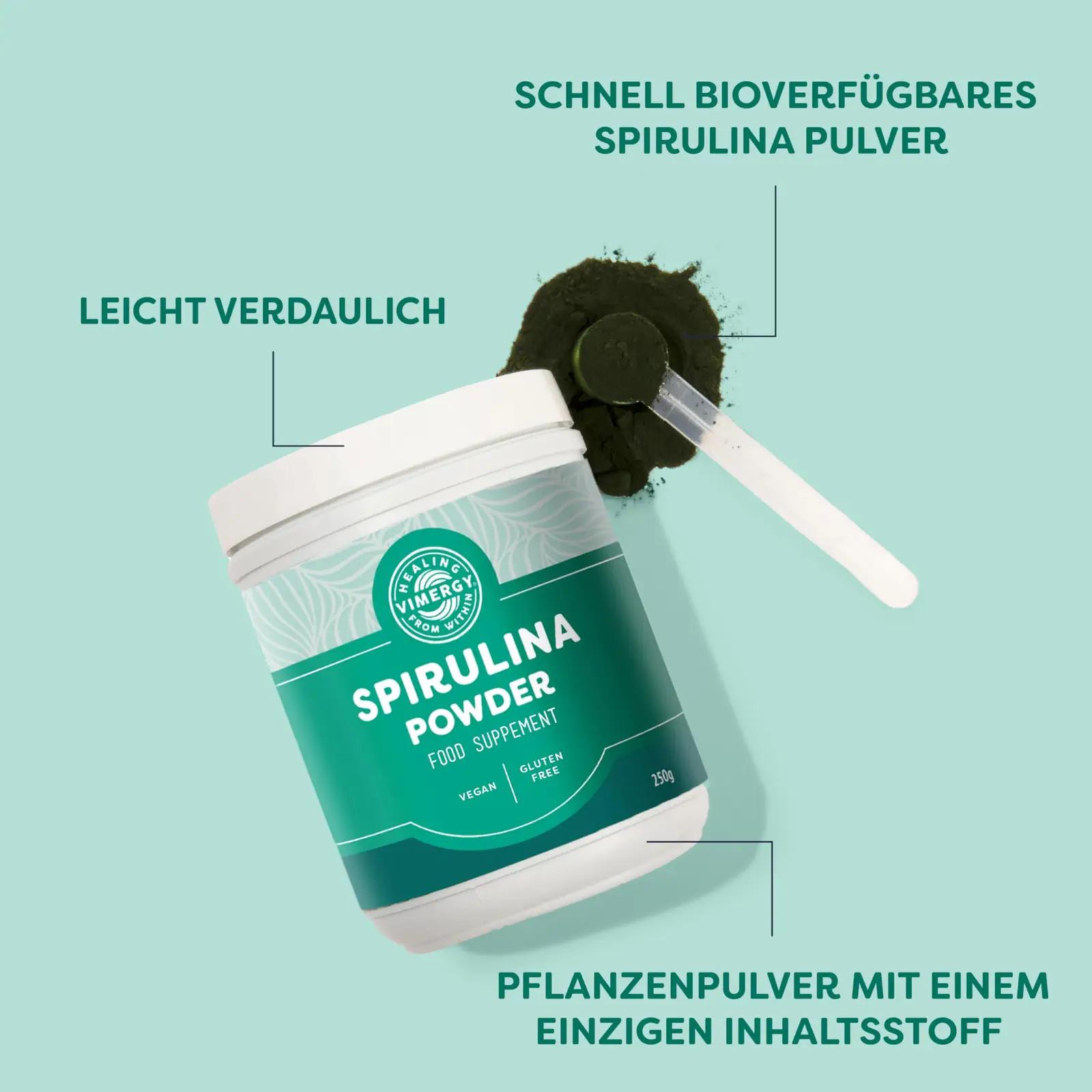 Vimergy spirulina pulber 250 g – looduslik energiatugi – pakend ja tarvikud