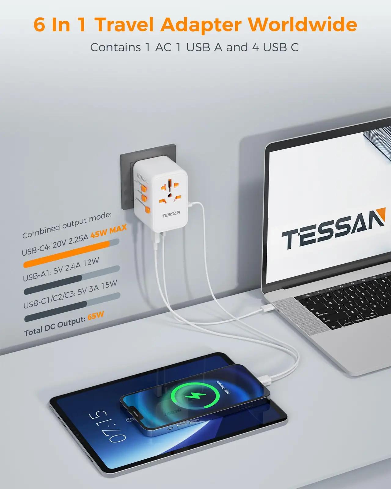 TESSAN reisilaadija 65W USB‑C kiire laadimine ja universaalne – pakend ja tarvikud