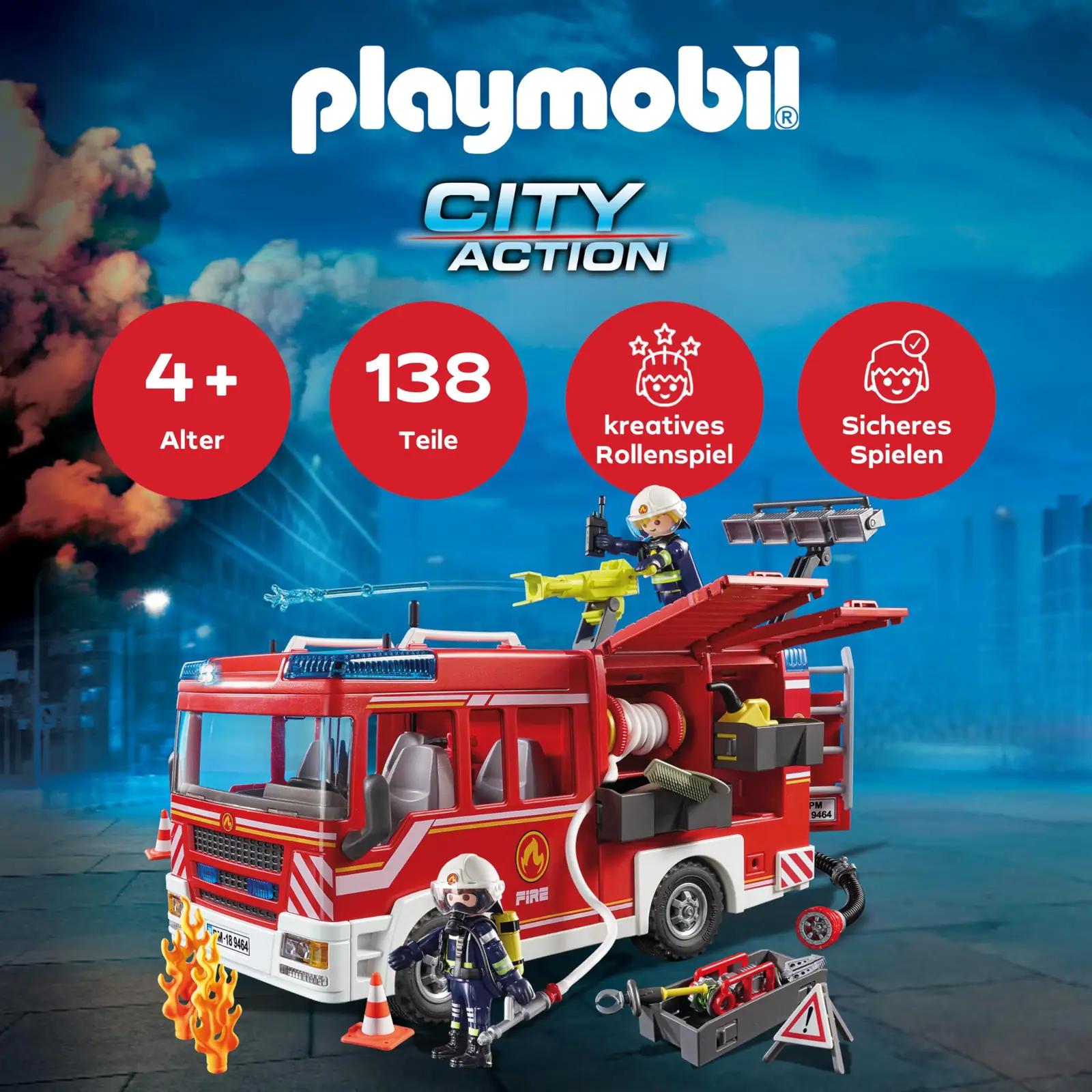 PLAYMOBIL punane tuletõrjeauto koos tule- ja heliefektiga – pakend ja tarvikud