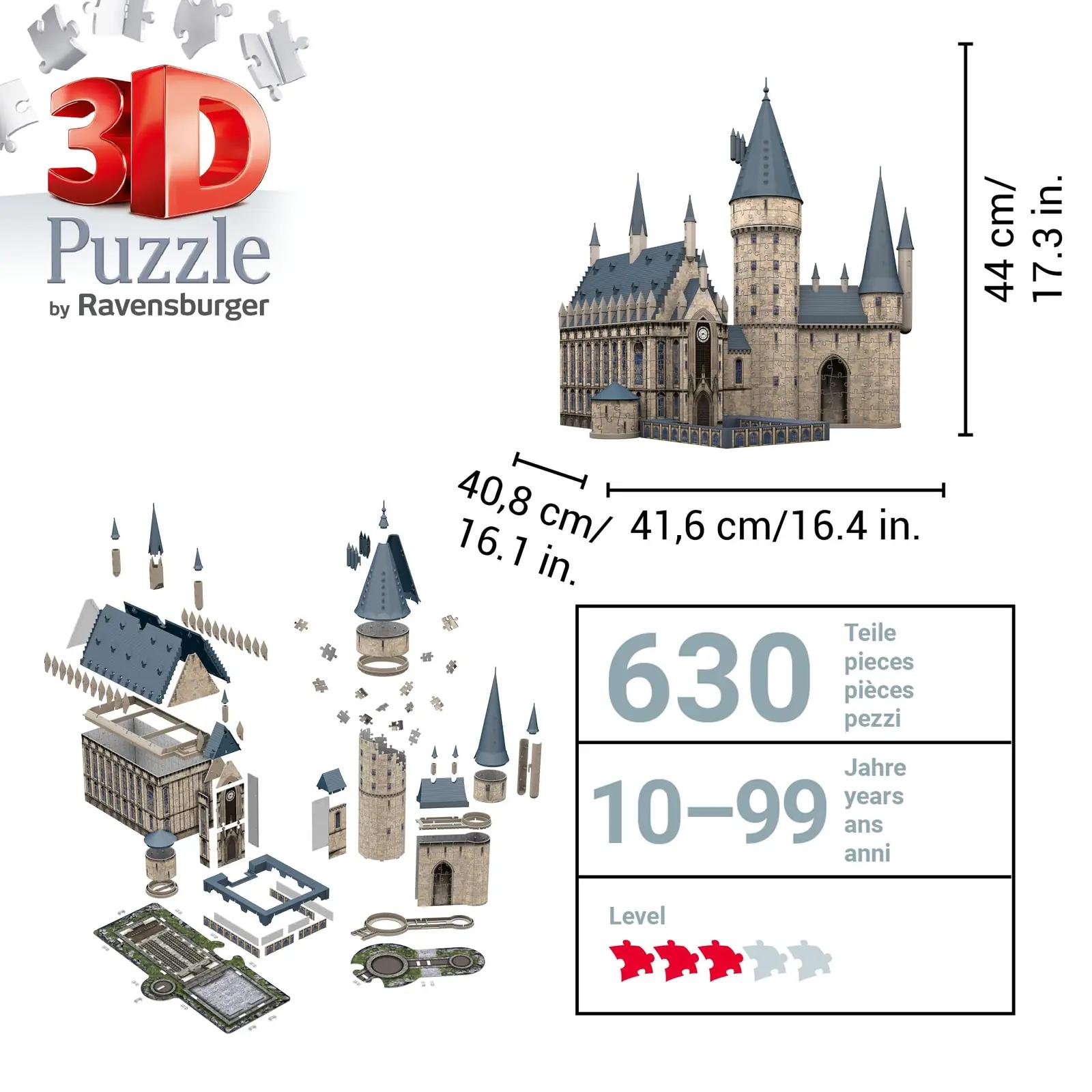 Ravensburger 3D-pusle Harry Potter – suur saal kui kink – pakend ja tarvikud