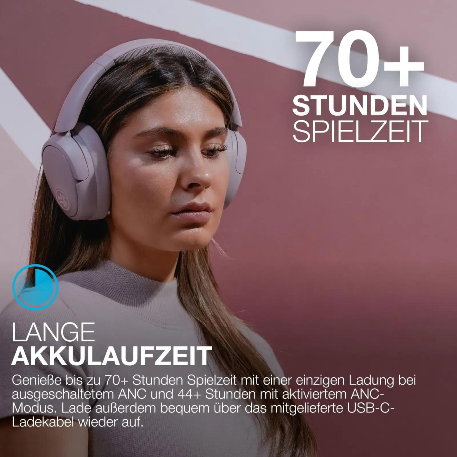 JLab Mauve over-ear kõrvaklapid – ANC, 70+ tundi mänguaega – pakend ja tarvikud