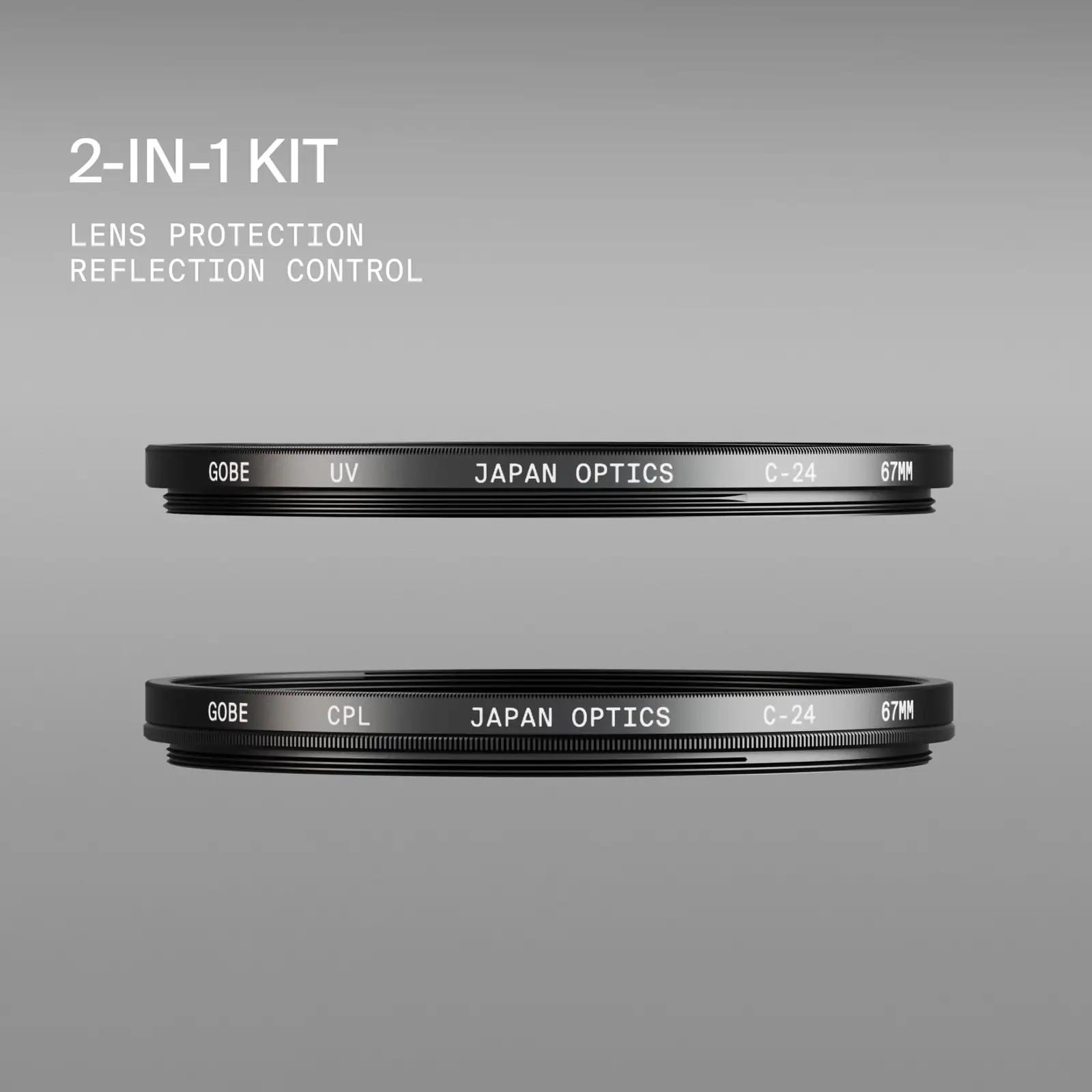 Gobe 58 mm klaasfilter komplekt – UV ja CPL kaitse – pakend ja tarvikud