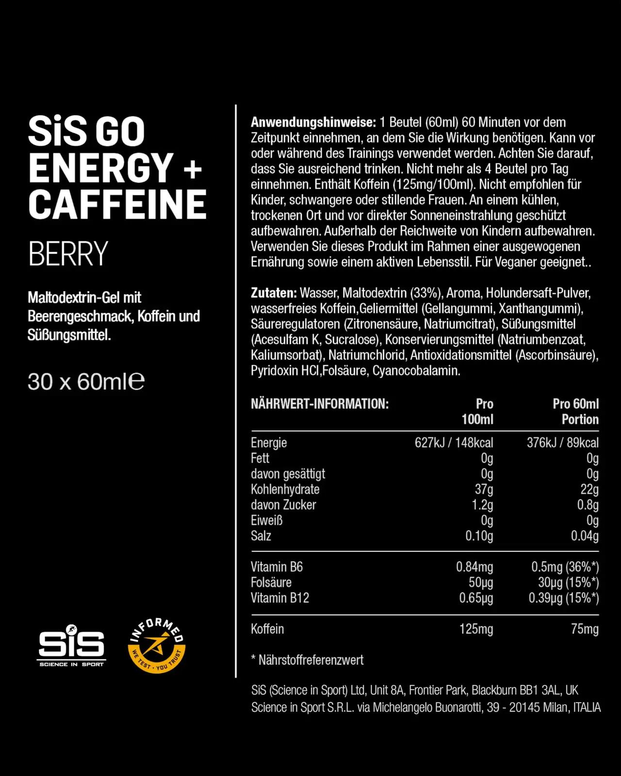 Science in Sport energigeel 30x60ml – kofeiiniga ja vegan – lisavaade