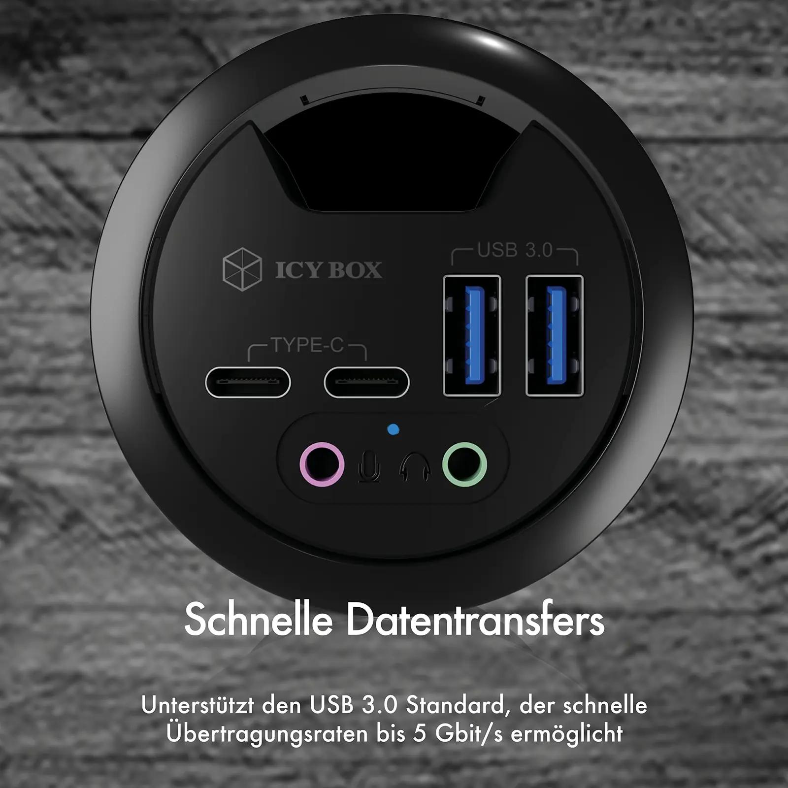 ICY BOX USB-hub 4-portne polykarbonaadist lauainstallatsioon – pakend ja tarvikud