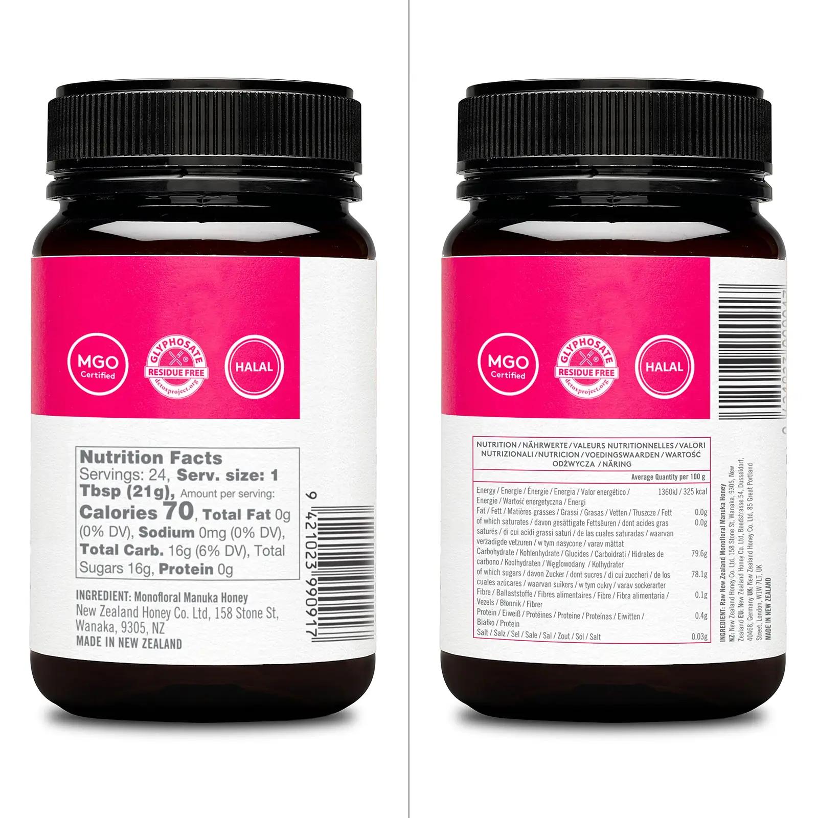 NEW ZEALAND HONEY CO Manuka mesi 500 g – tugev MGO 829+ – pakend ja tarvikud