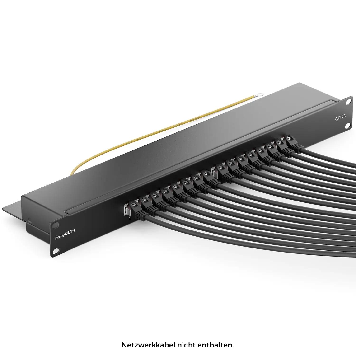 deleyCON CAT6a 16-portine metallist patchpanel – rack-montaaž – pakend ja tarvikud