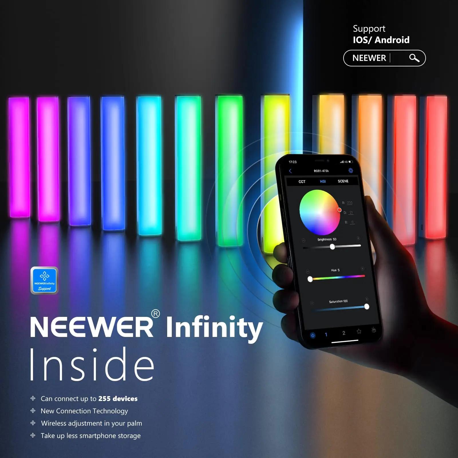 NEEWER metallist RGB valgusstang — reguleeritav heledusega – pakend ja tarvikud
