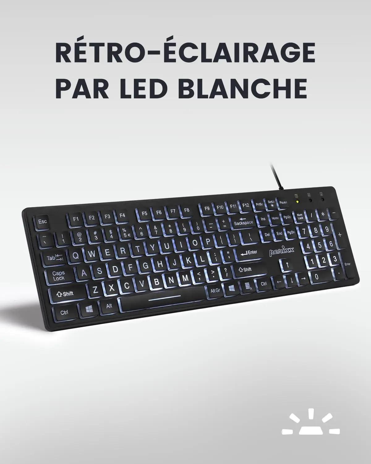 Perixx valge USB-klaviatuur – LED-taustvalgusega, bürokasutuseks – pilt 6