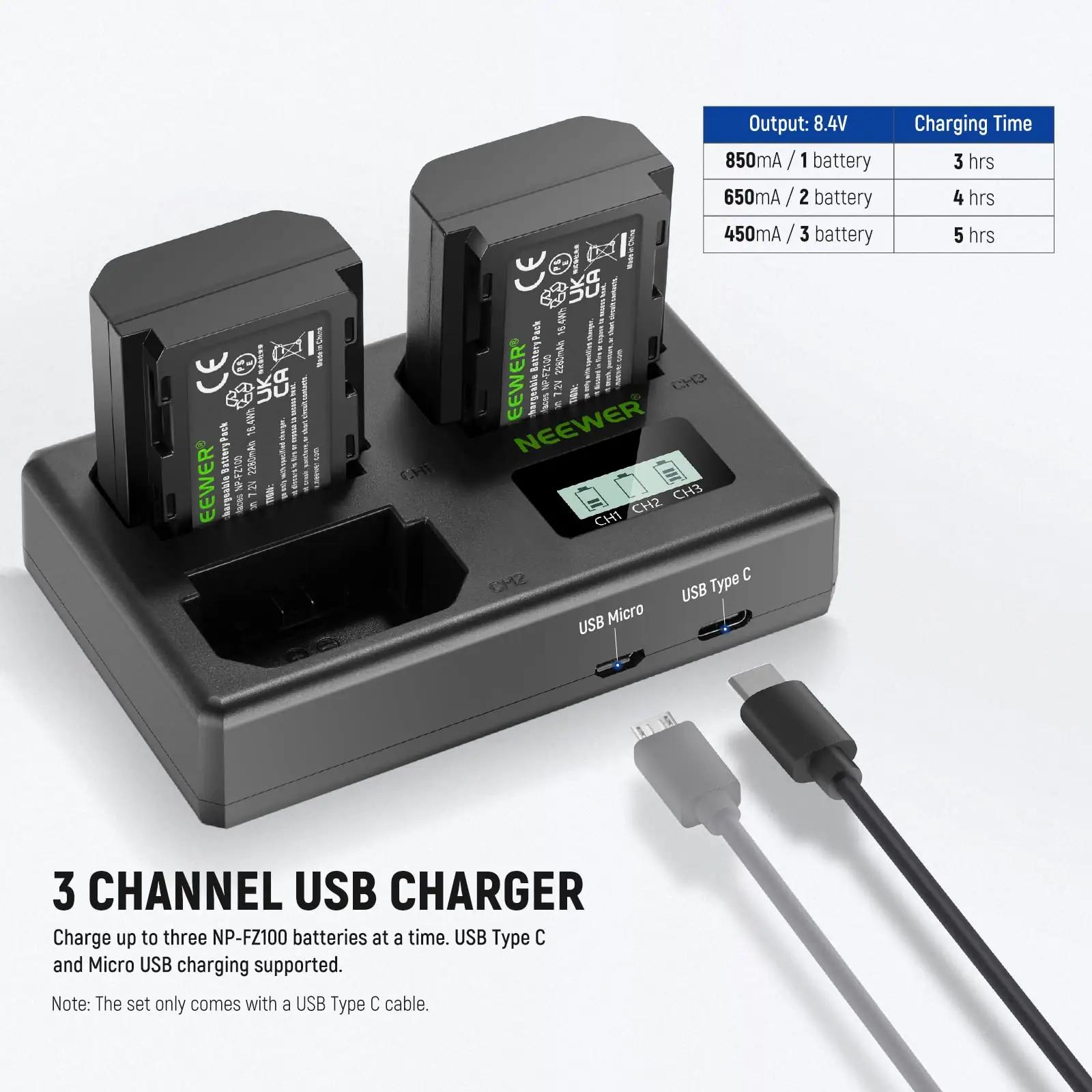 NEEWER vastupidav akukomplekt NP-FZ100 – 3×2280mAh USB – detailne vaade