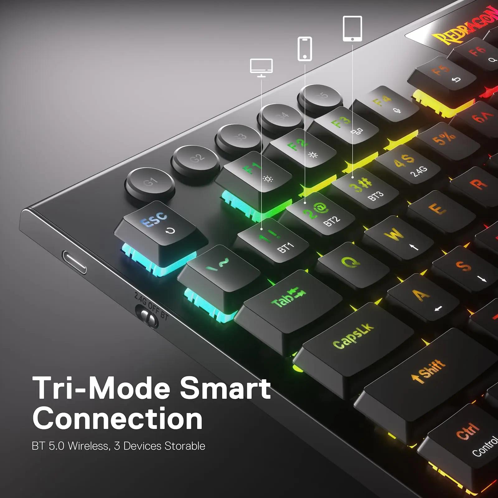 Redragon stiilne mehaaniline K618 klaviatuur – RGB ja tri-režiim – kasutusnäide