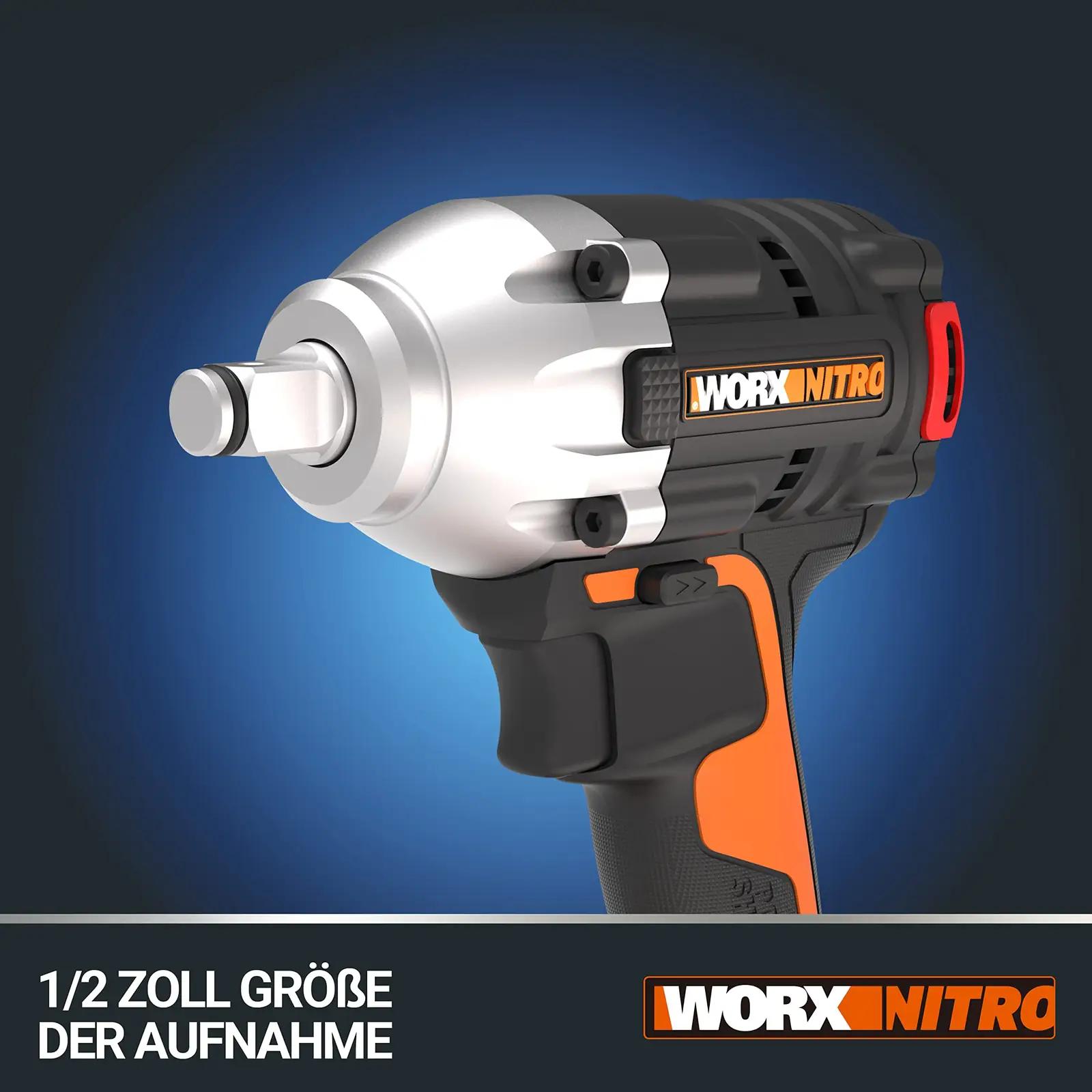 WORX Nitro löökpadrun 20V — tugev 300 Nm juhtmeta tööriist – pakend ja tarvikud