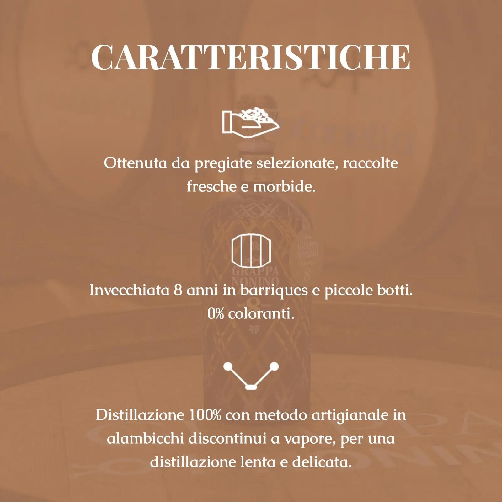 Nonino grappa riserva 8 aastat – elegantne kinkpudel 700 ml – detailne vaade