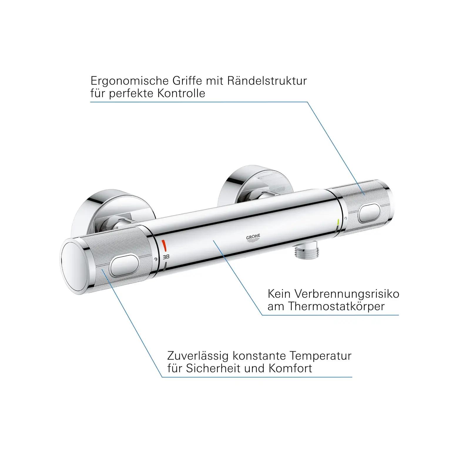 GROHE kroomitud termostaatdušisegisti – veesäästlik ja turvaline – pakend ja tarvikud
