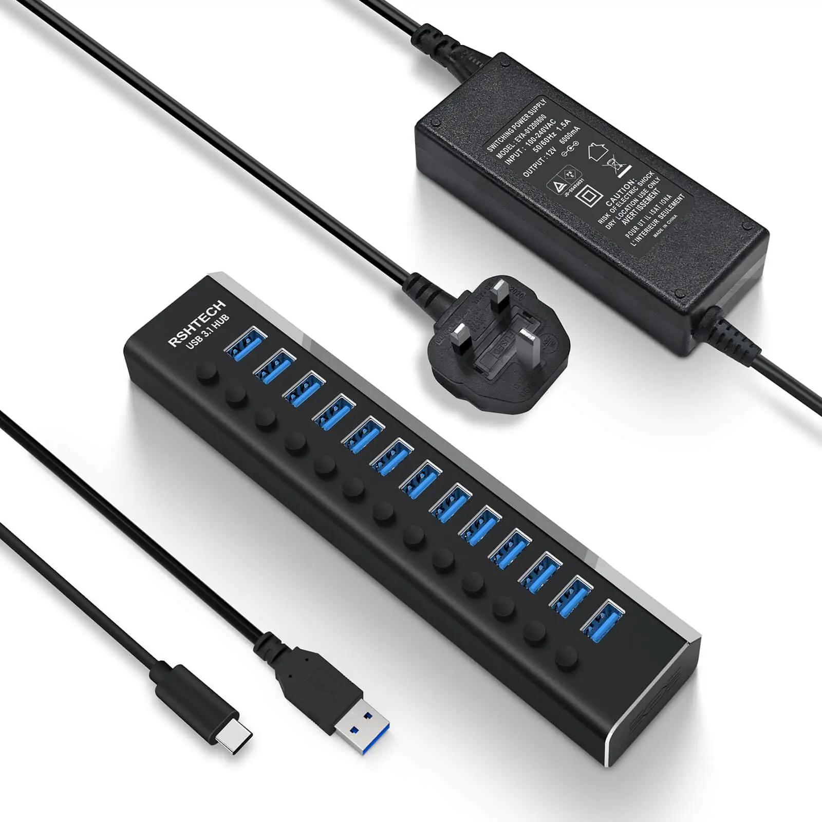 RSHTECH alumiiniumist 13-port USB hub — kiire laadimine ja