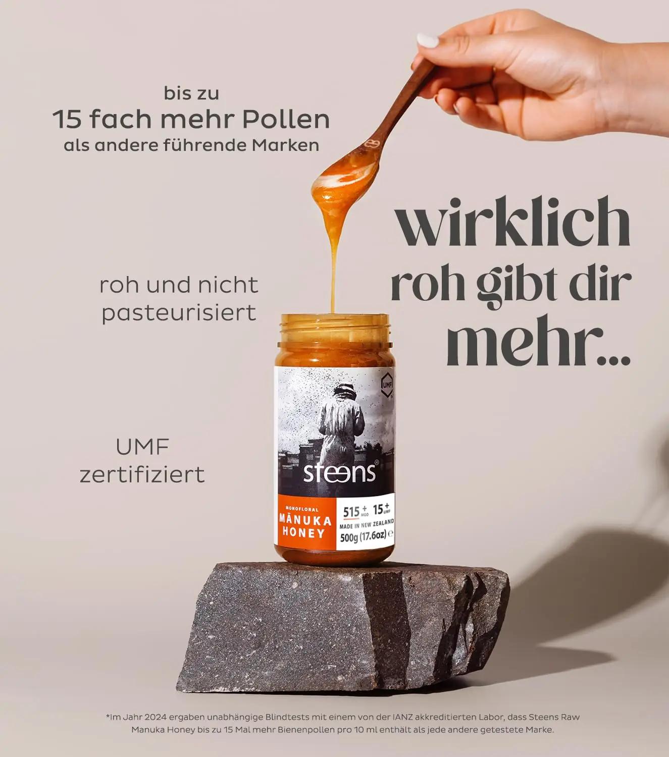 Steens Manuka mesi 500 g – puhas UMF 15+ tervisekasu – detailne vaade