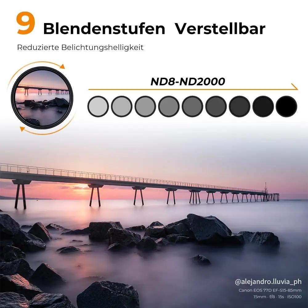 K&F CONCEPT 58mm ND muutuv filtriga — täpne valgusjuhtimine – pakend ja tarvikud