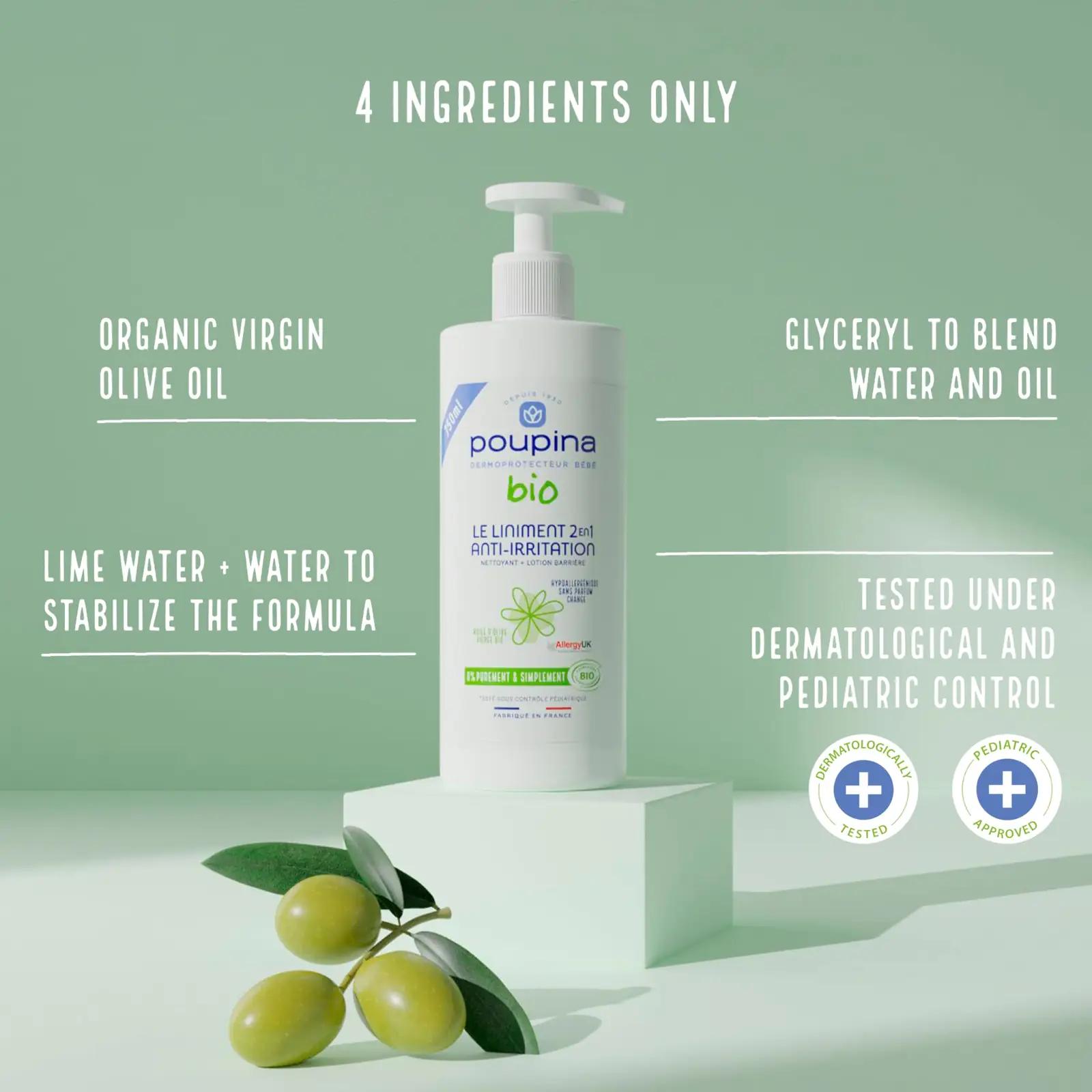 Poupina õlivine beebi liniment 2in1 – looduslik kaitse 750 ml – pakend ja tarvikud