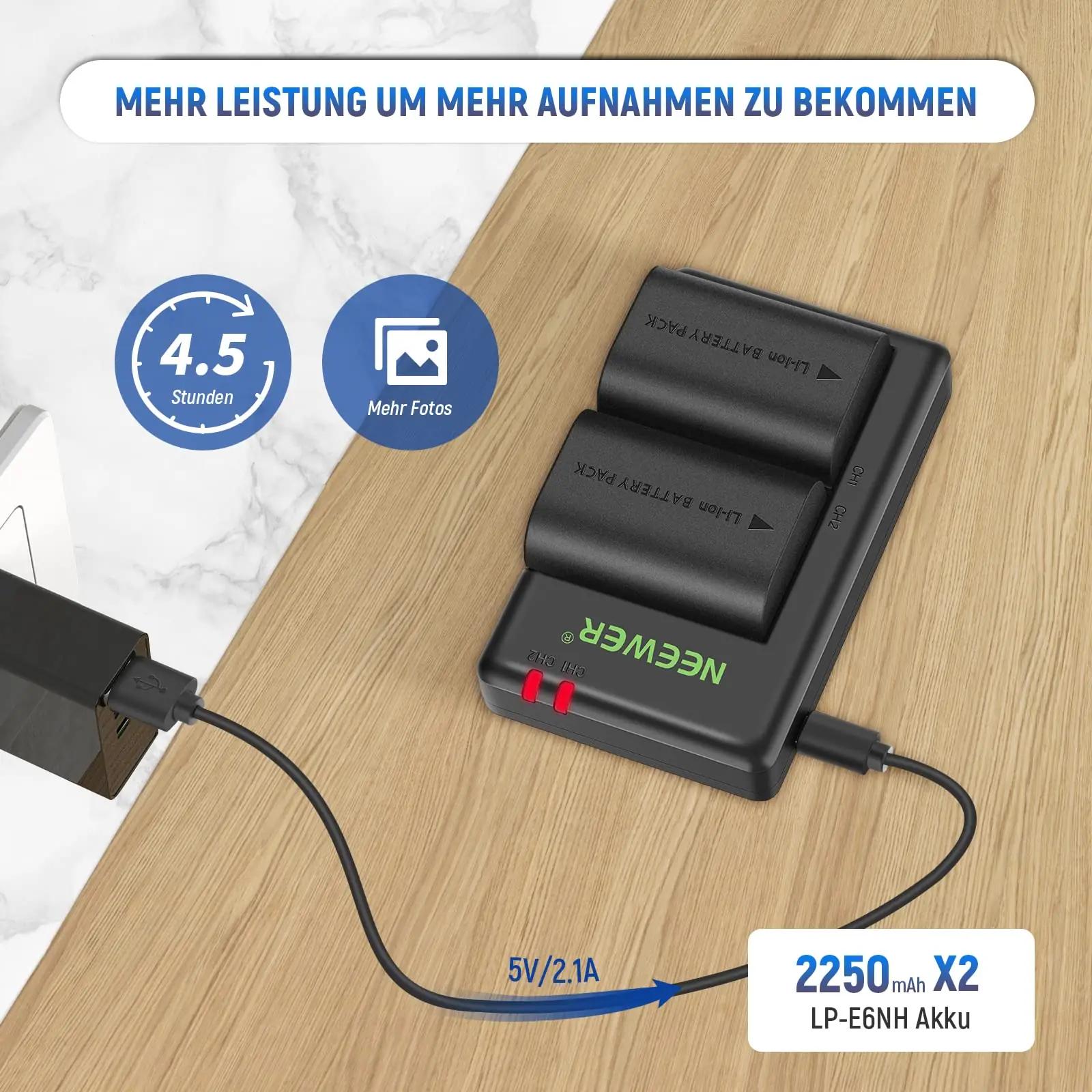 NEEWER laadimiskomplekt Canonile – varuaku ja laadija – pakend ja tarvikud