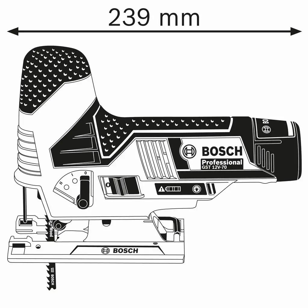 Bosch Professional 12V lõikaja puidu 70mm lõige, kompaktne – pakend ja tarvikud