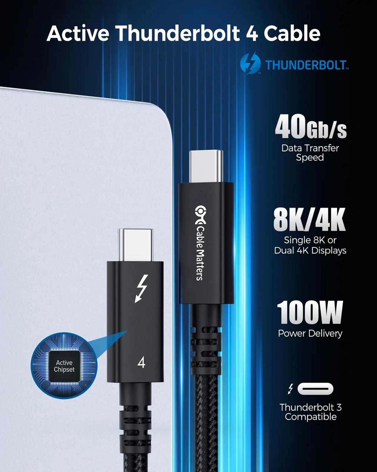 Cable Matters vastupidav 2m Thunderbolt‑4 kaabel – 100W laadimine – detailne vaade