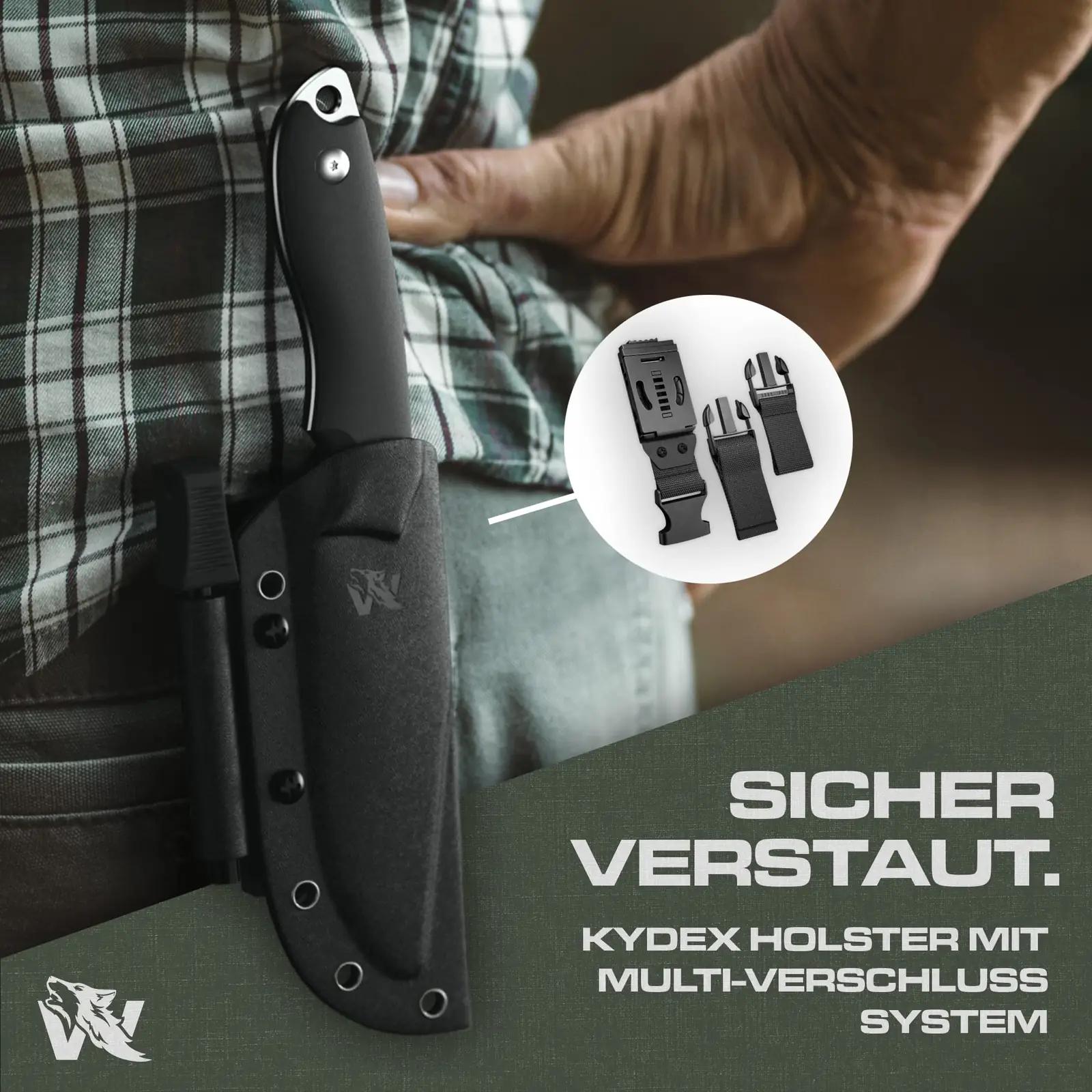 ODENWOLF terasest bushcraft-nuga koos kydex-kotiga — vastupidav – pakend ja tarvikud