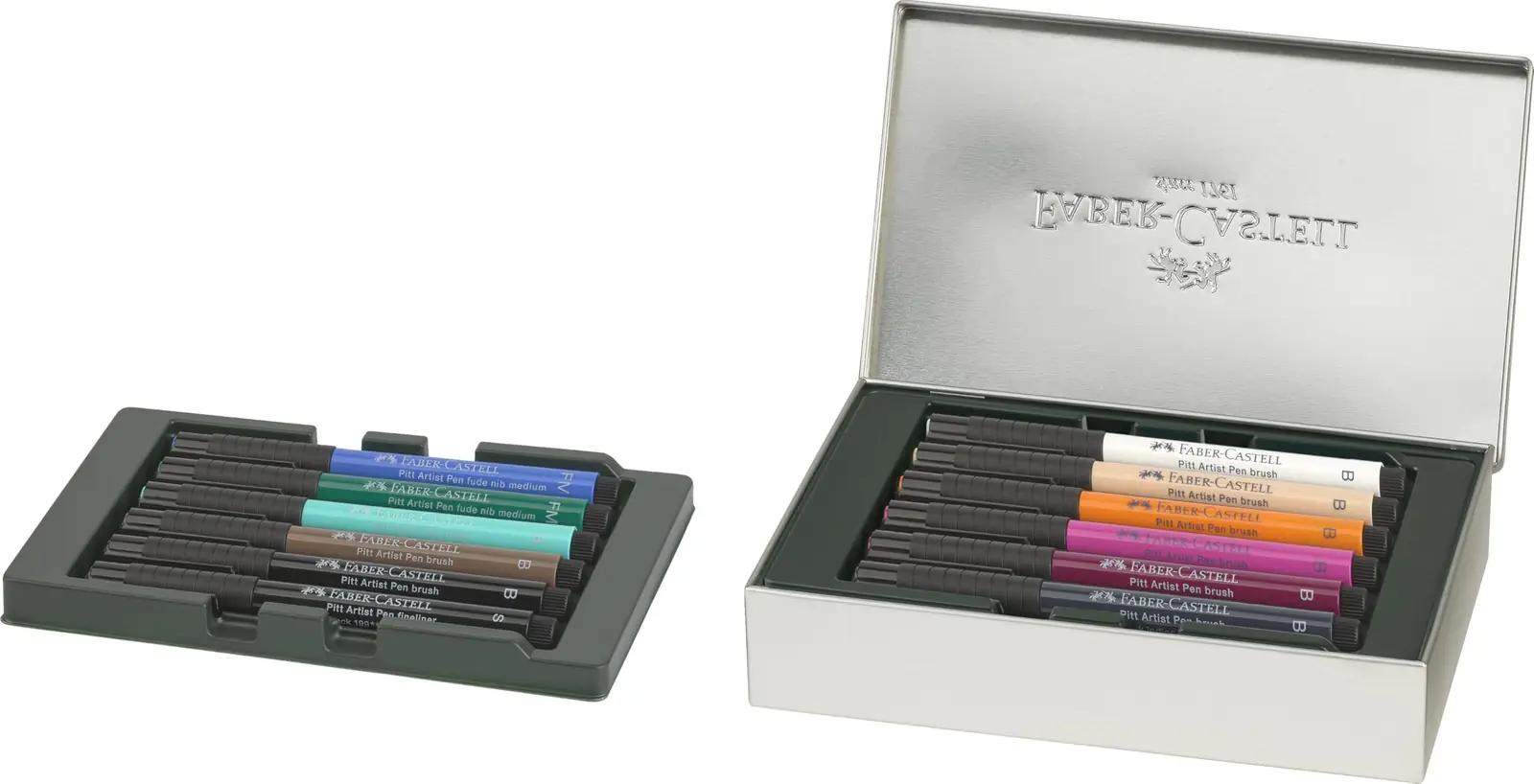 Faber-Castell kunstniku komplekt — 12 Pitt Artist Pen pliiatsit – pakend ja tarvikud