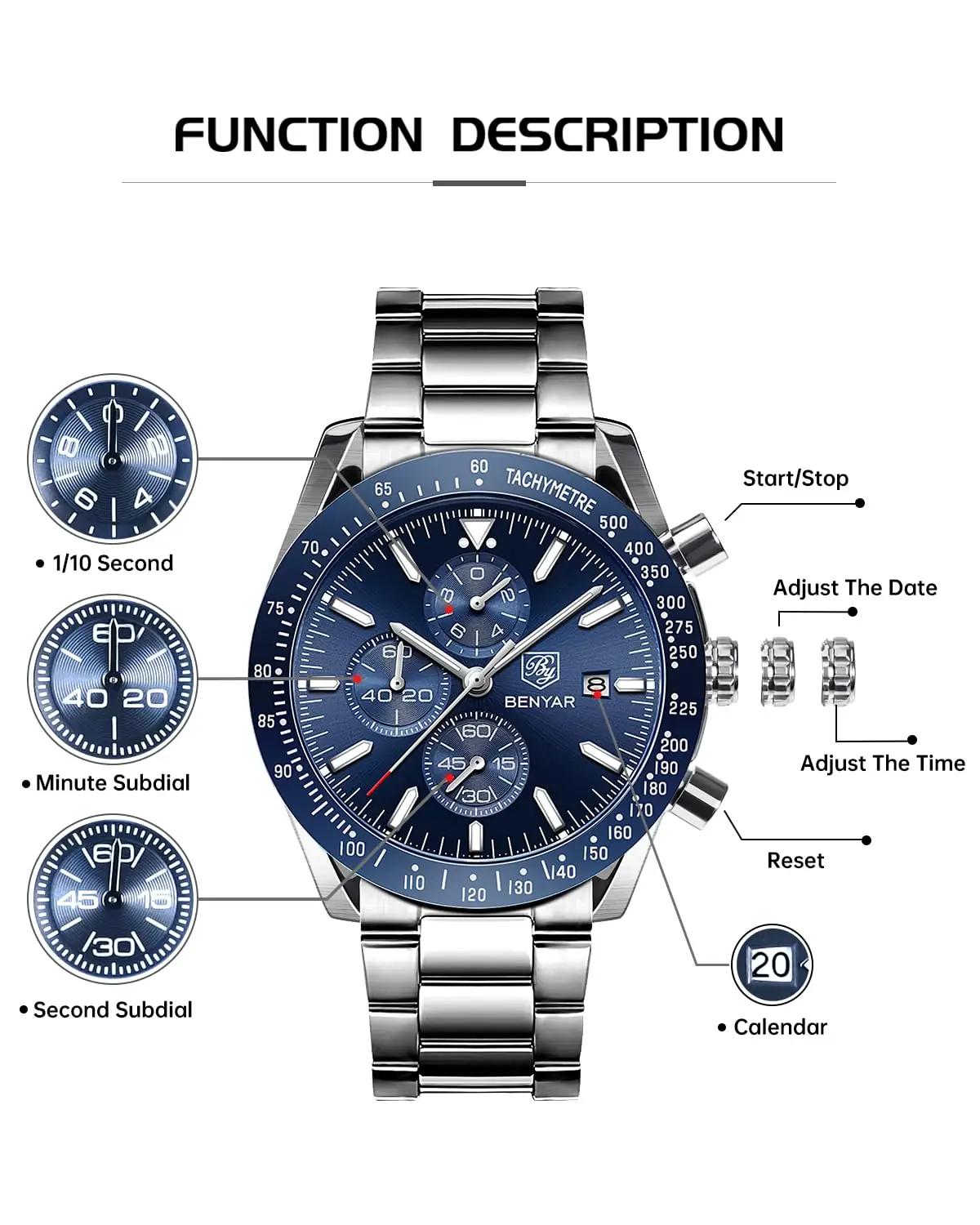 BENYAR terasest meeste käekell – veekindel, chronograph – pilt 8