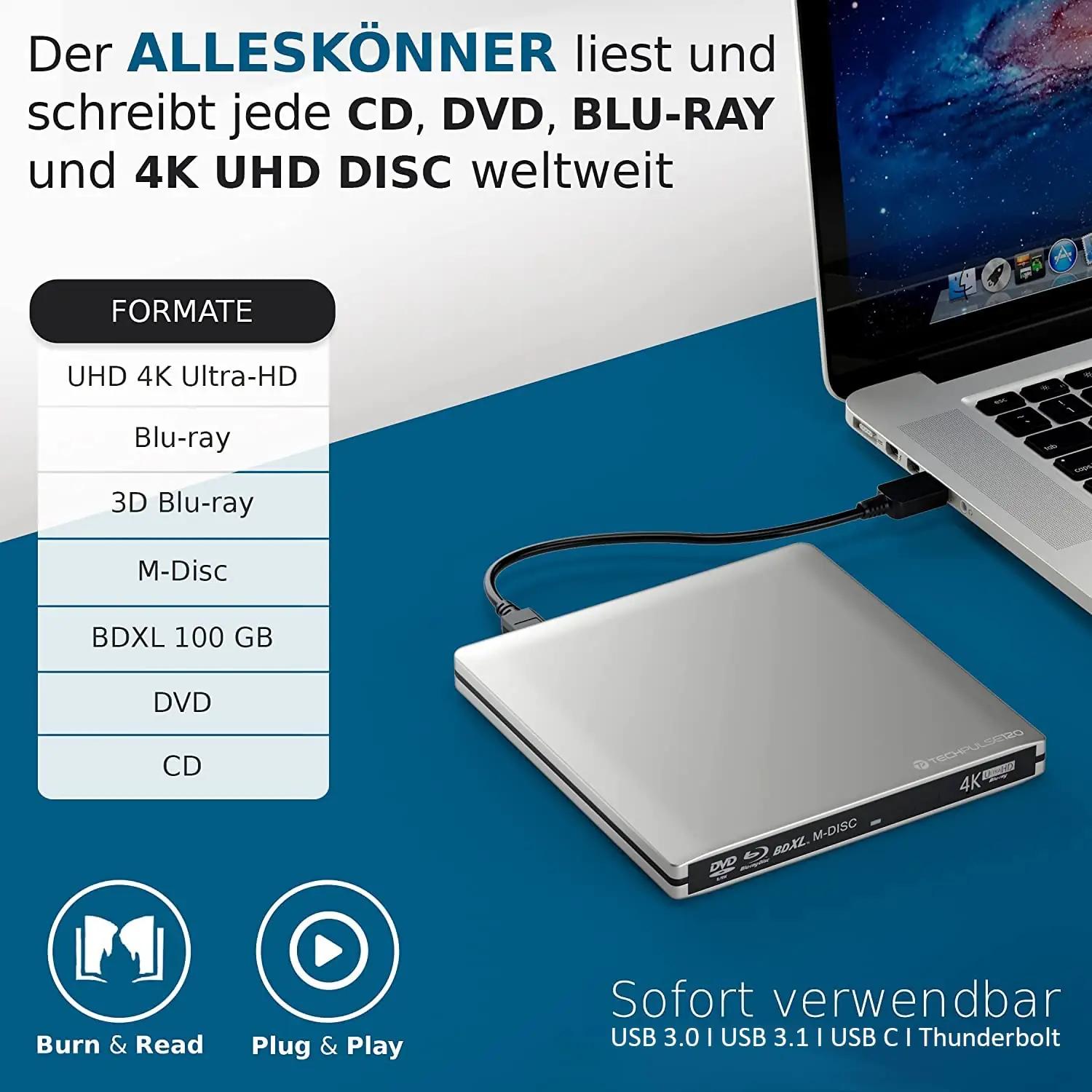 techPulse120 alumiiniumist väline Blu-ray kirjutaja — UHD 4K ja – pakend ja tarvikud