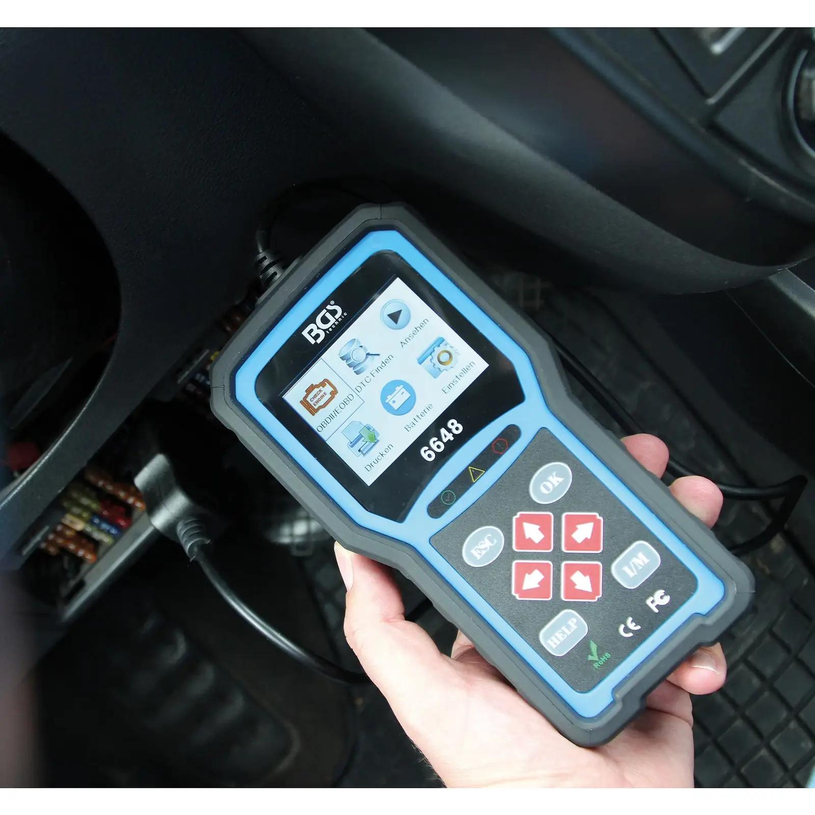 BGS mitmekülgne OBD-diagonaalvahend 6648 auto vigade lugemiseks – pakend ja tarvikud