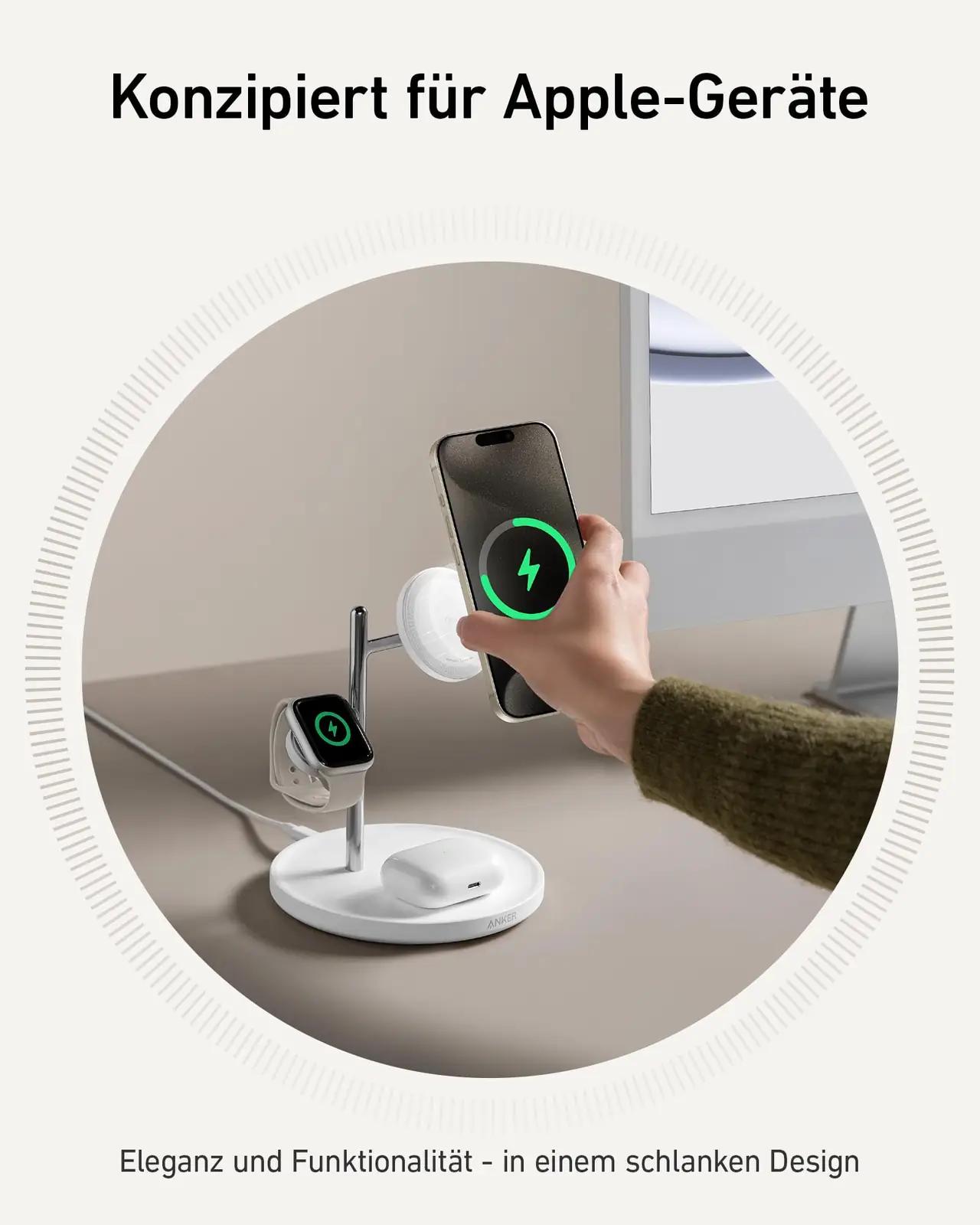 Anker magneesiumist 3-ühes traadita laadija – kompaktne 15W – pakend ja tarvikud
