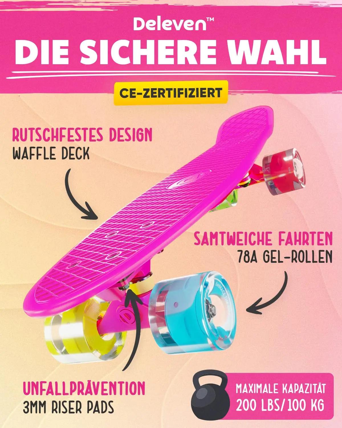 D Deleven plastskateboard LED-ratastega – lõbus ja turvaline – pakend ja tarvikud