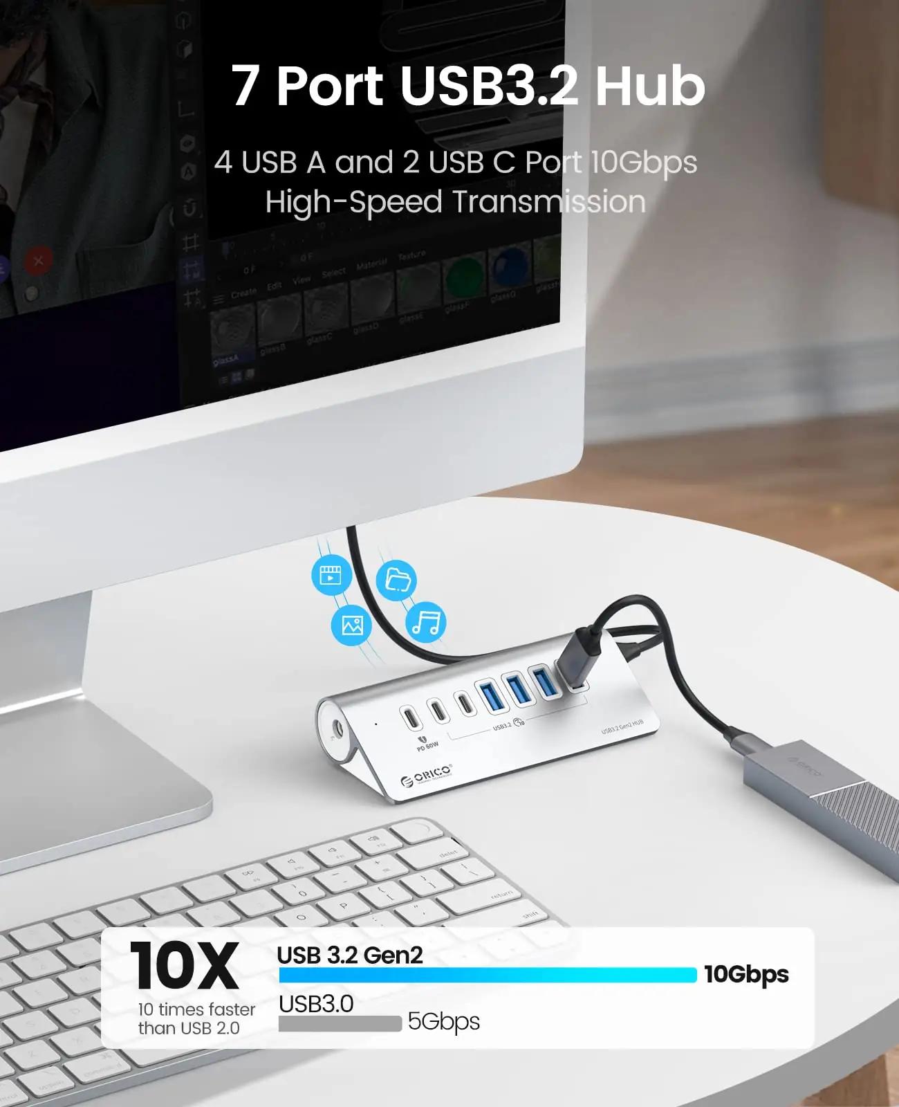 ORICO alumiiniumist USB-C hub – 7-port, PD 60 W ja 10 Gbps – detailne vaade