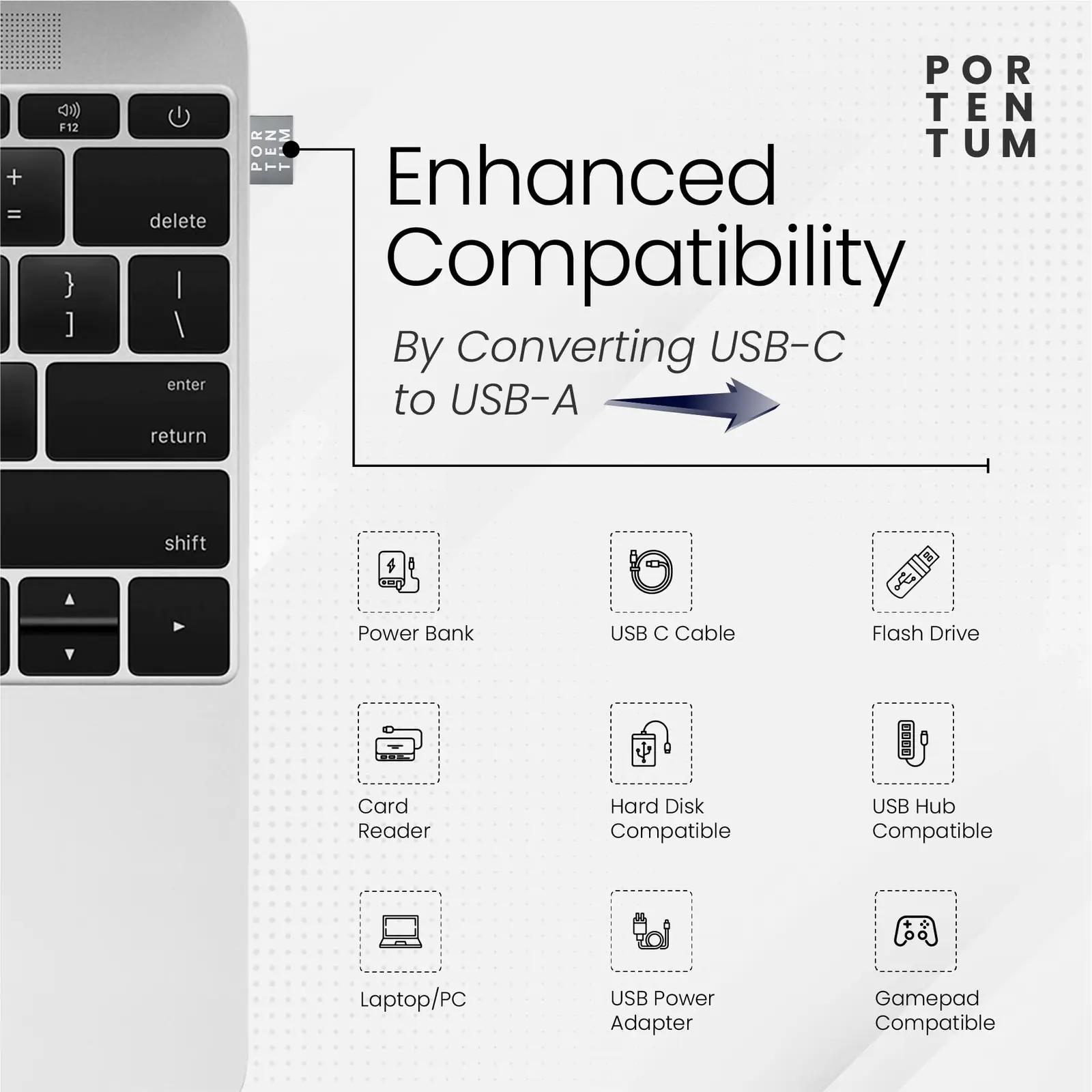 PORTENTUM vastupidav Zink USB‑C adapter – kerge ja kompaktne – pakend ja tarvikud
