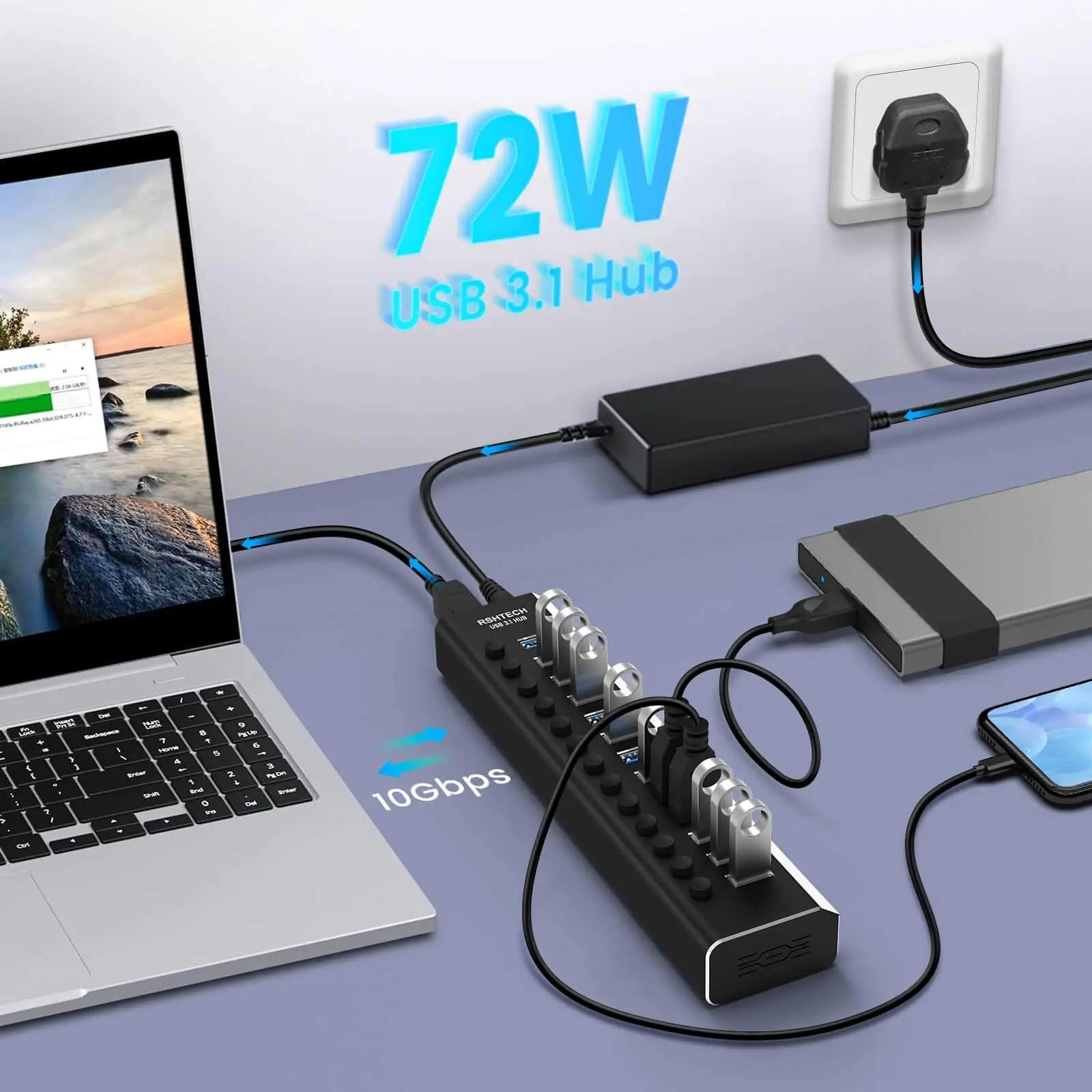 RSHTECH alumiiniumist 13-port USB hub — kiire laadimine ja – pakend ja tarvikud