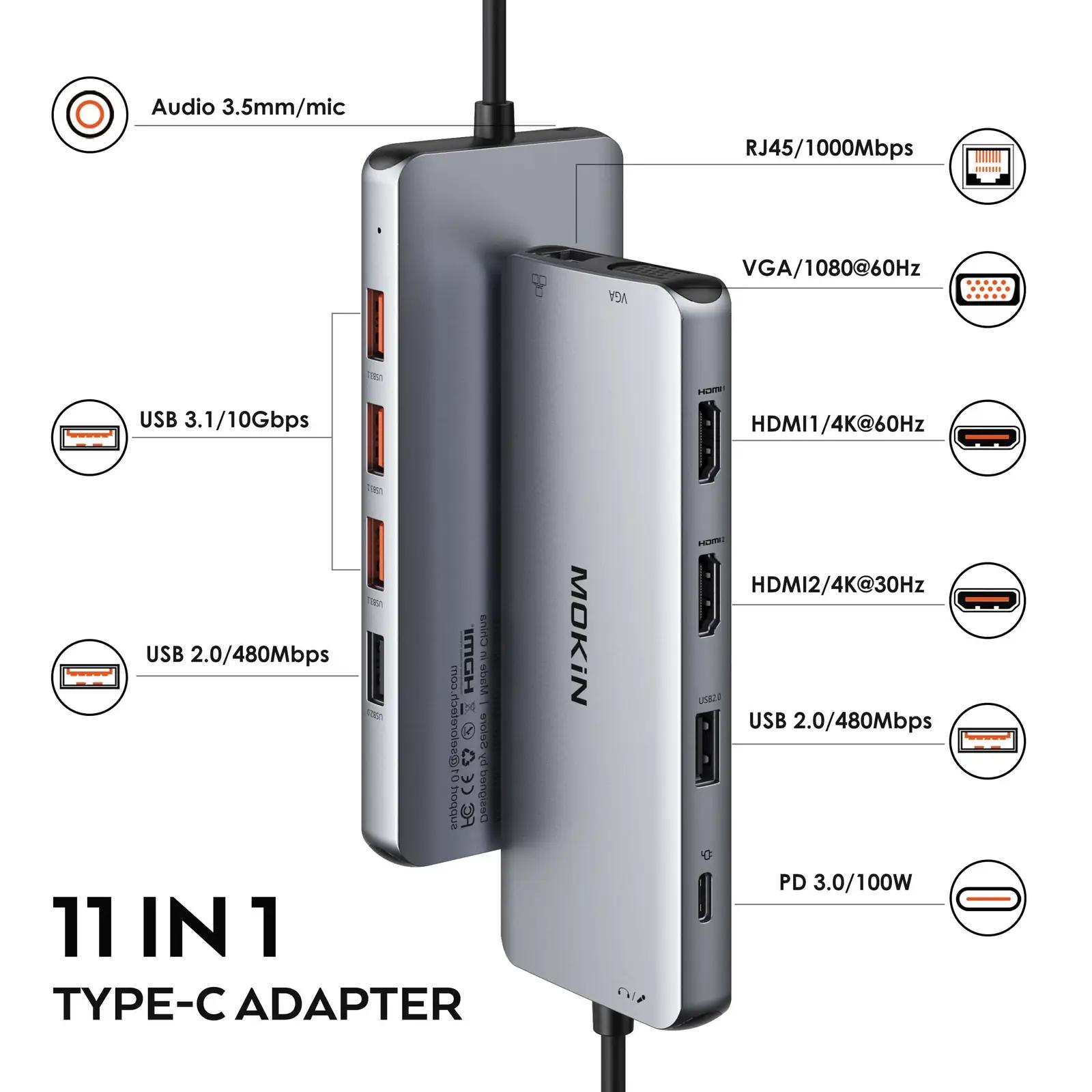 MOKiN mugav USB-C hub – 12-in-1 docking multifunktsioon – detailne vaade