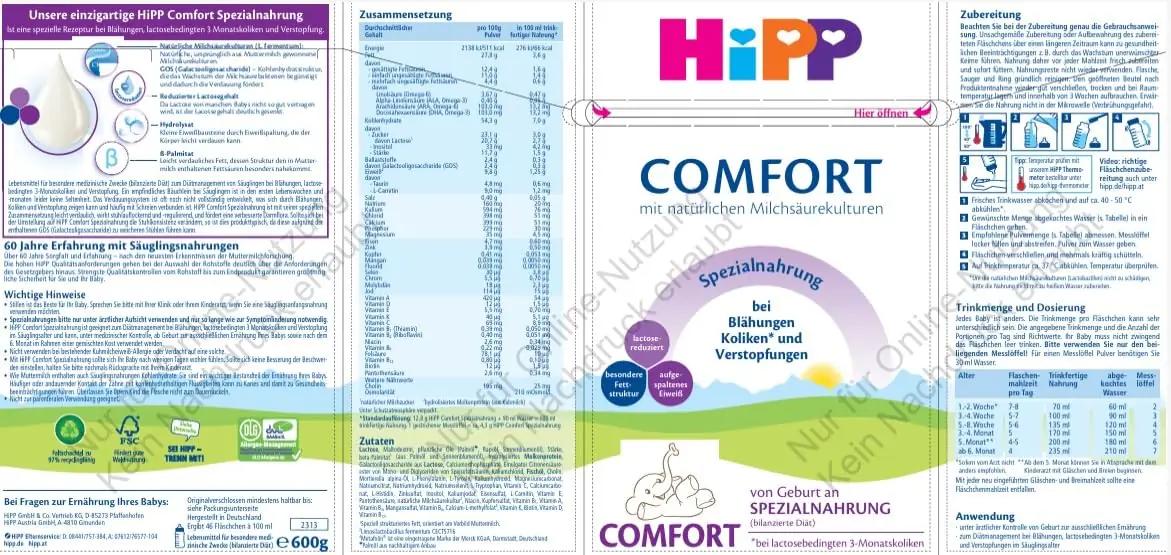 HiPP Comfort spetsiaalne beebitoit laktoosivaesena – detailne vaade