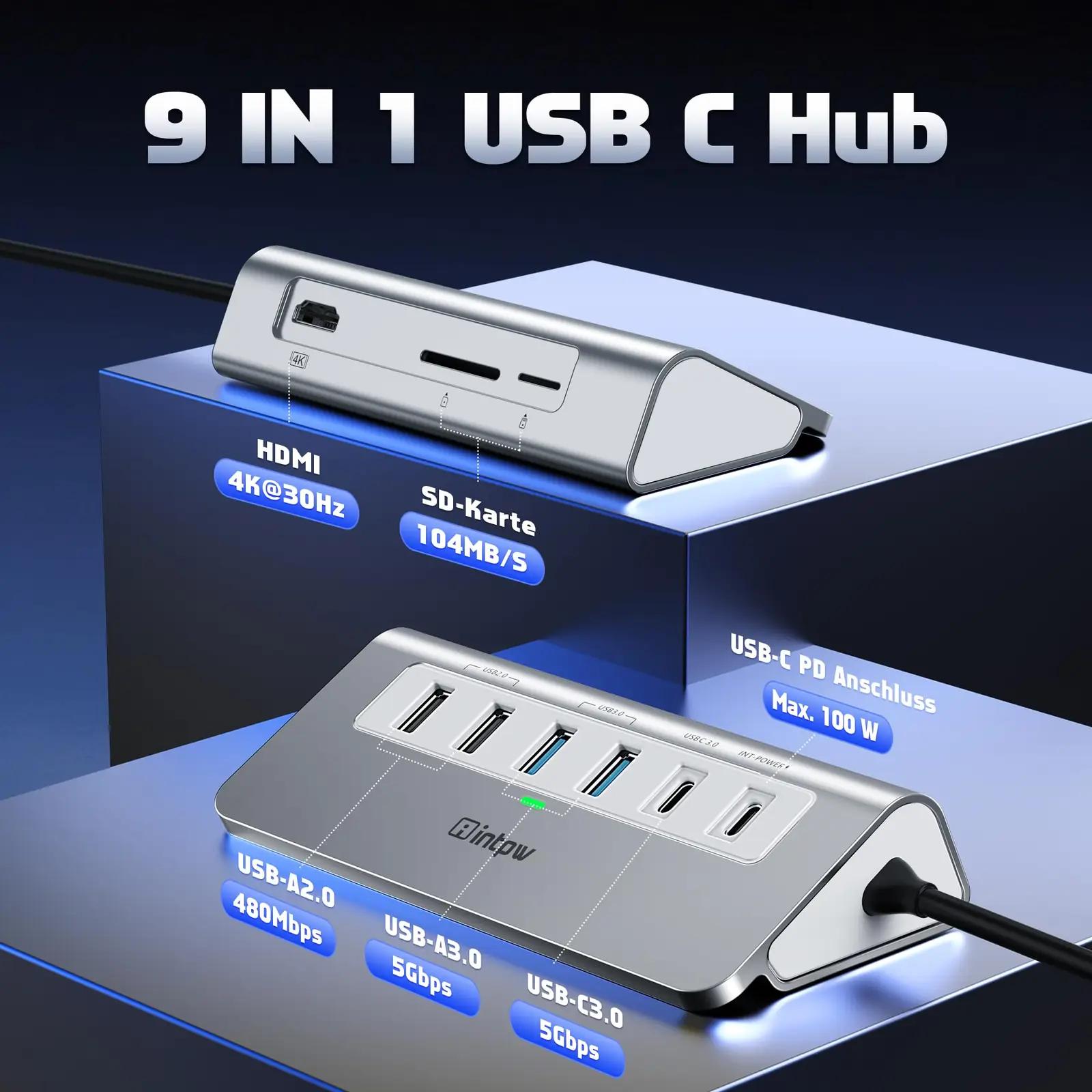 intpw alumiiniumist 9-in-1 USB-C ja HDMI jaam tööks ja – detailne vaade