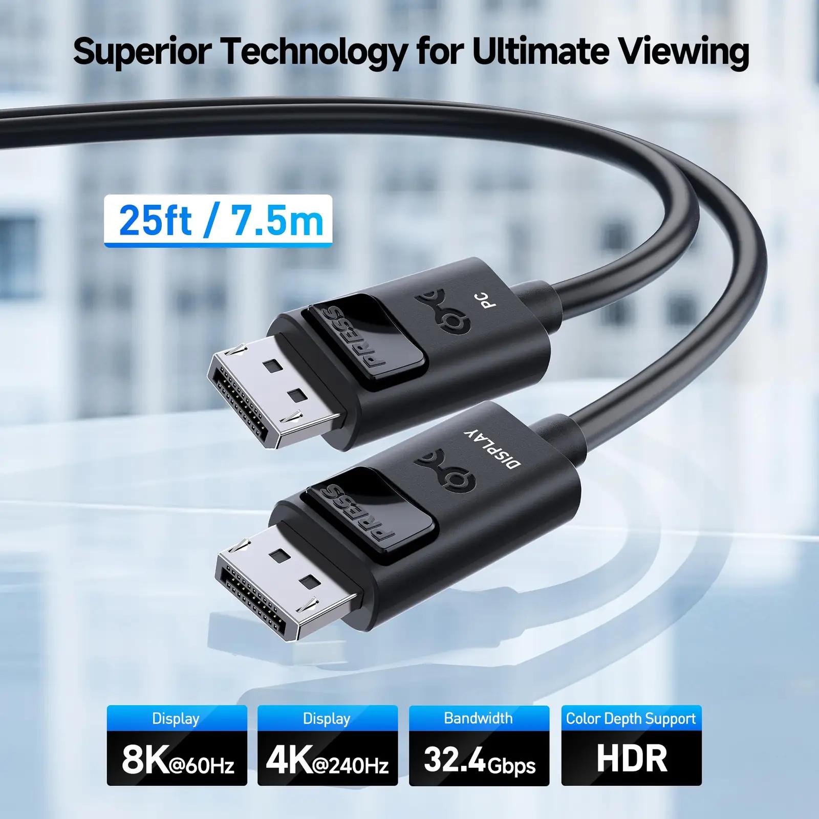 Cable Matters kvaliteetne DisplayPort-kaabel 7,5 m — 8K ja HDR – detailne vaade