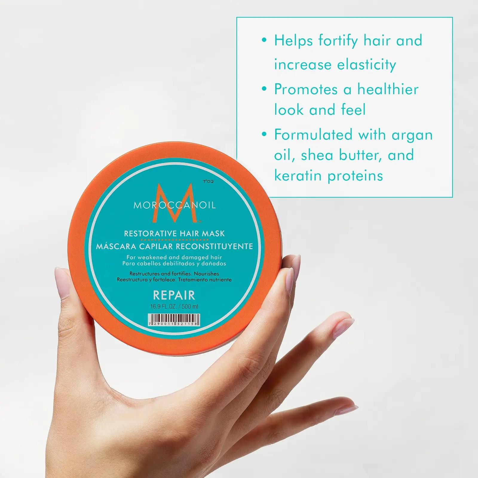 Moroccanoil taastav juuksemask 500 ml — tugevust ja niiskust – pakend ja tarvikud