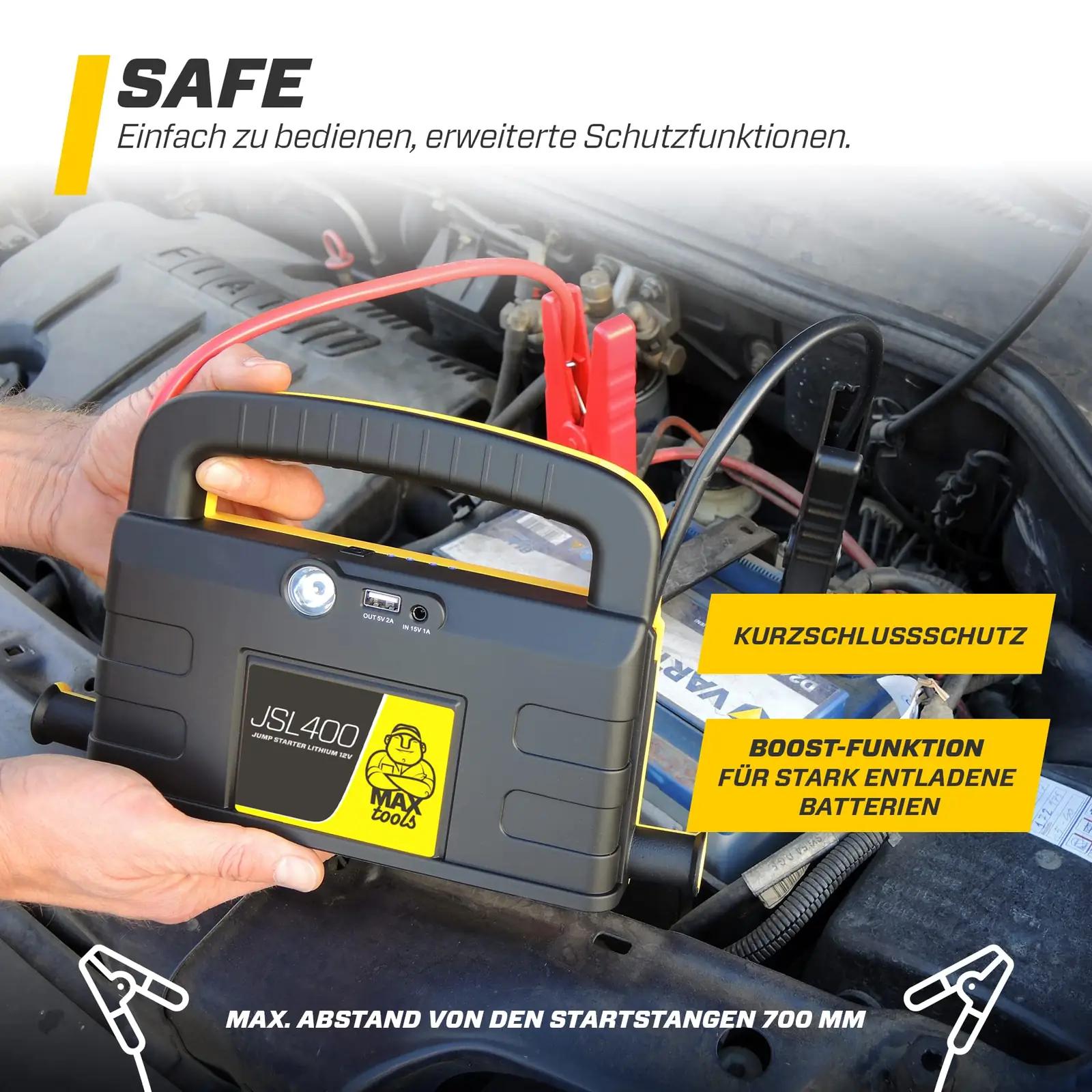 MAXTOOLS tugev 12 V starthäälestaja — kompaktne powerbank ja – kasutusnäide