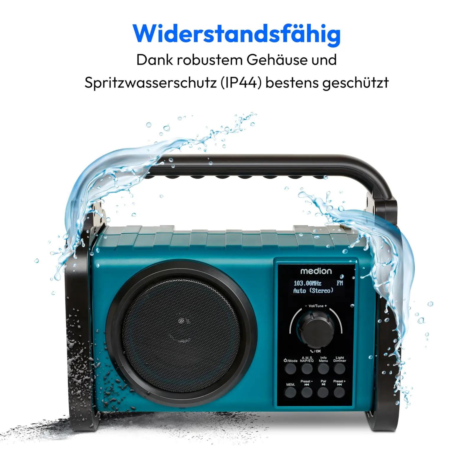 MEDION töökindel bauştellenradio DAB+ ja LED-töövalgustus – pakend ja tarvikud
