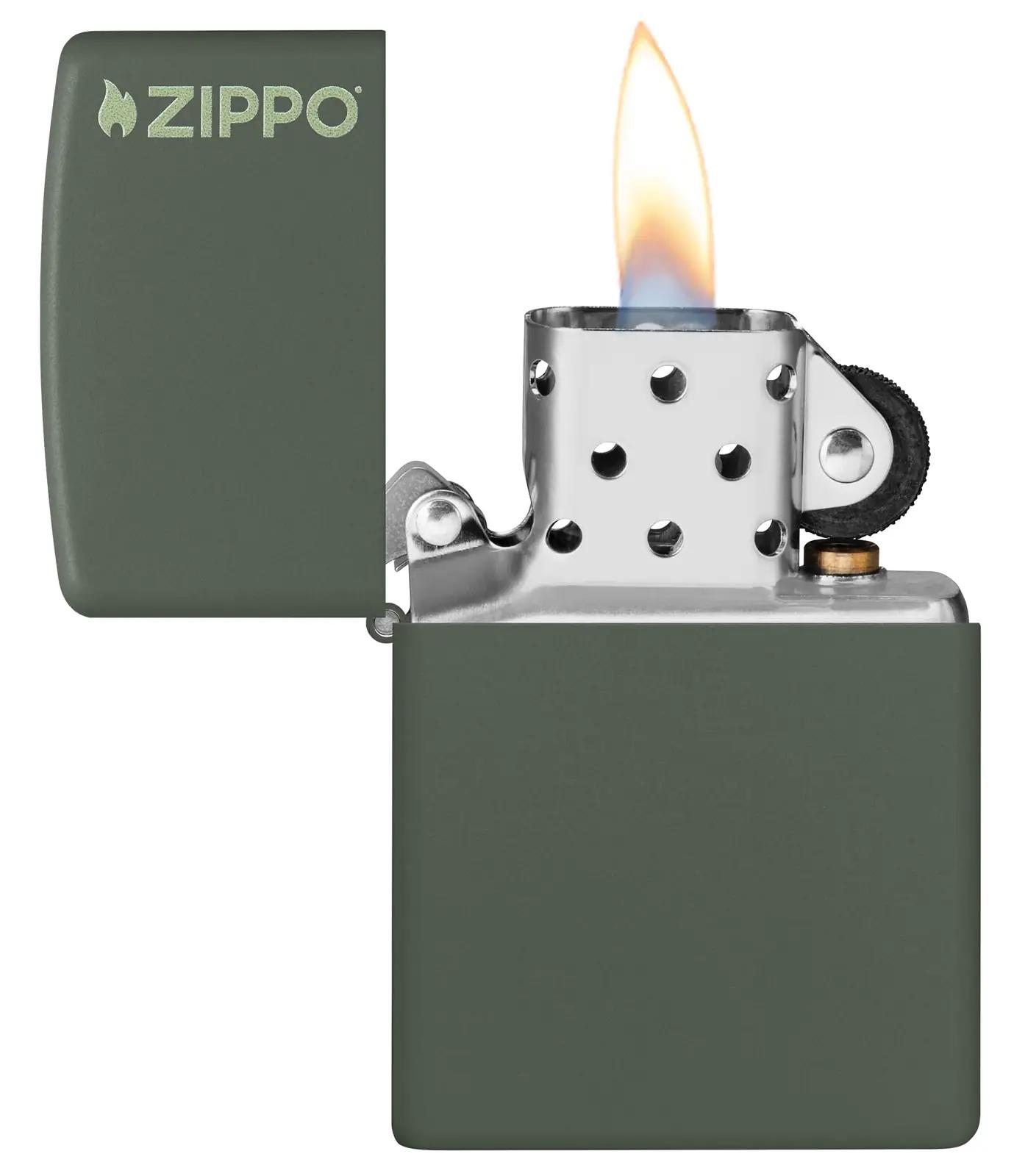 Zippo metallist tuulekindel süütekolb rohelise viimistlusega – pakend ja tarvikud