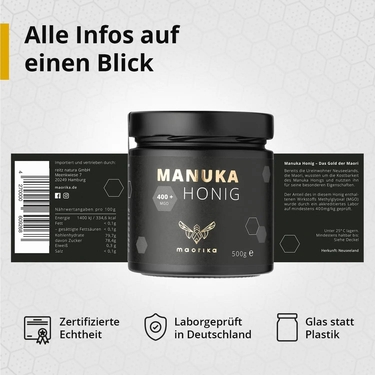 maorika Manuka mesi 400 MGO 500 g klaaspurgis — naturaalne ja – pilt 6