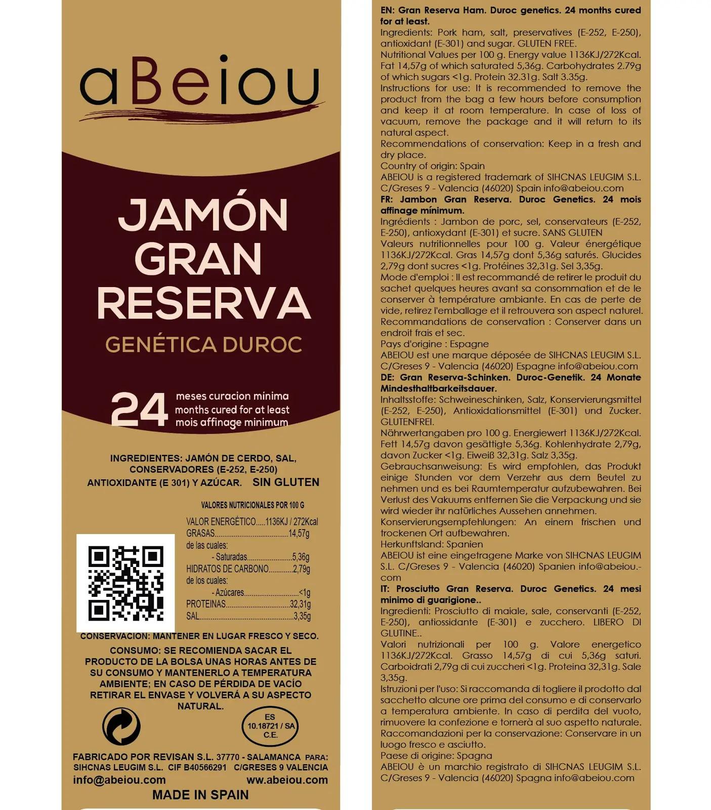 ABEIOU Serrano kuivatatud šinkon 1 kg — premium kingitus – detailne vaade