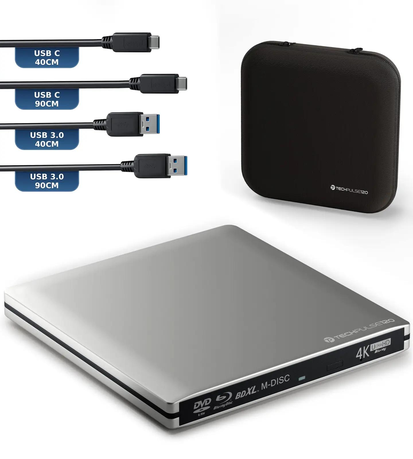 techPulse120 alumiiniumist väline Blu-ray kirjutaja — UHD 4K ja