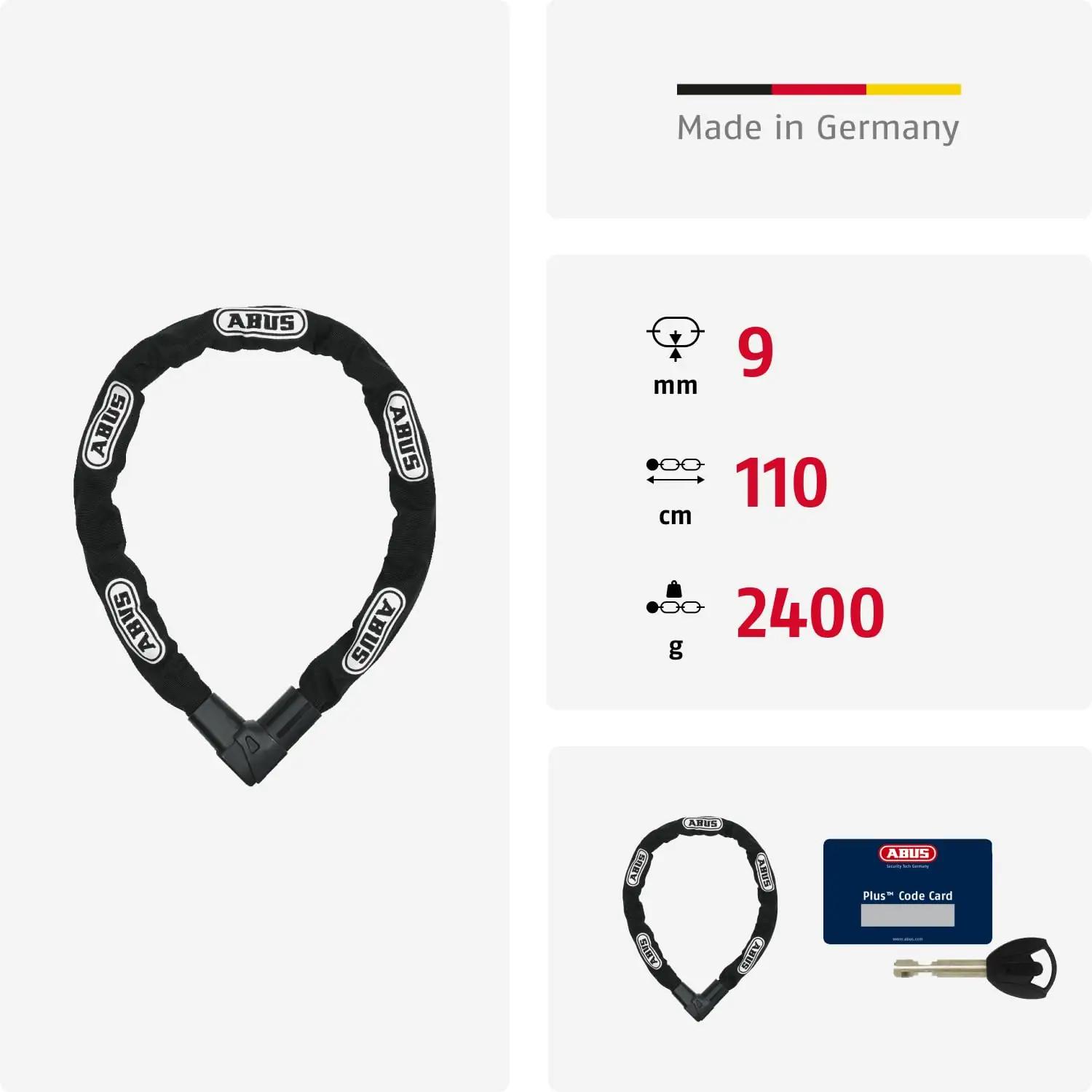 ABUS tugev kettlukk CityChain 110 cm — turvaline jalgrattalukk – pakend ja tarvikud