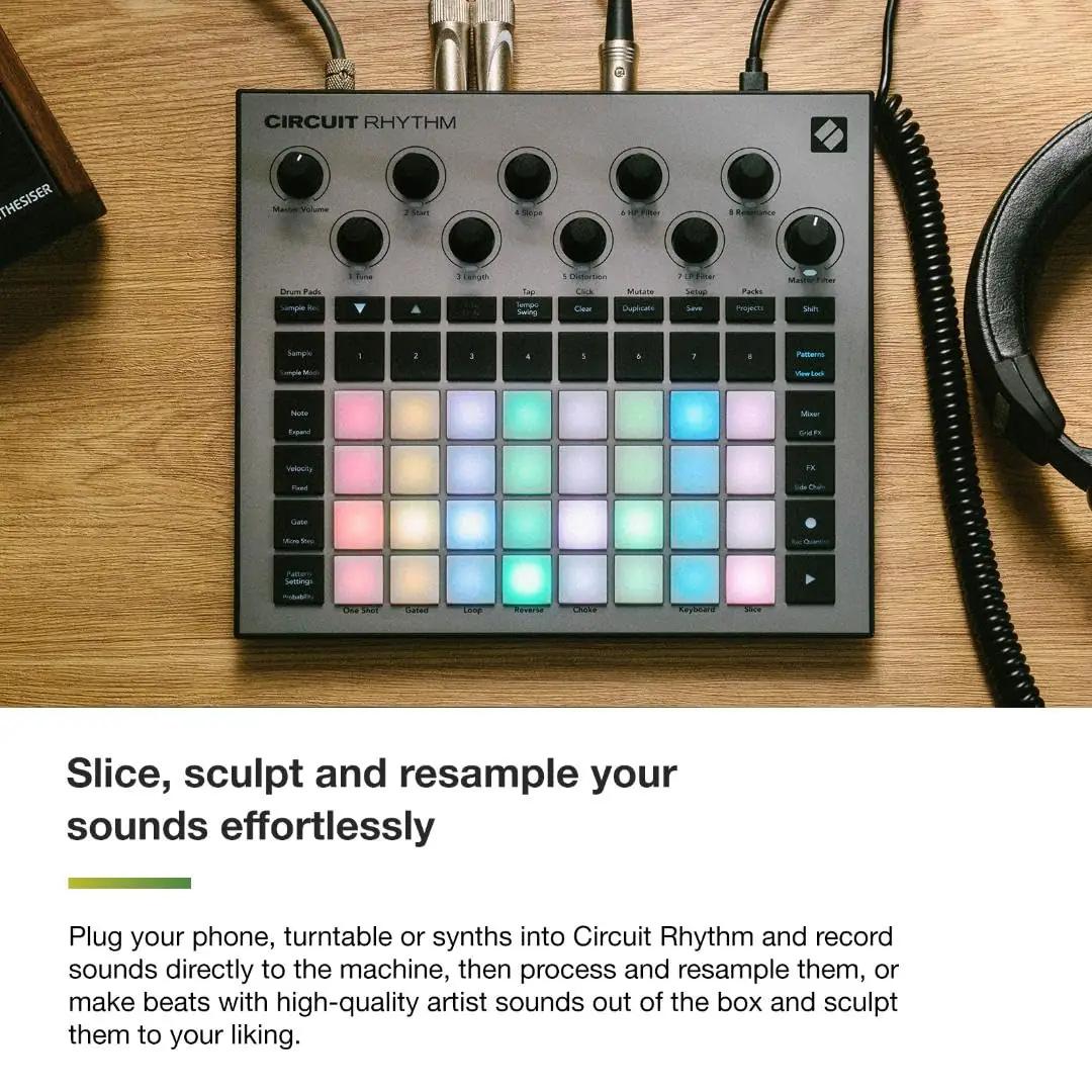 Novation groovebox ja sampler — robustne vinüülmaterjal – pakend ja tarvikud