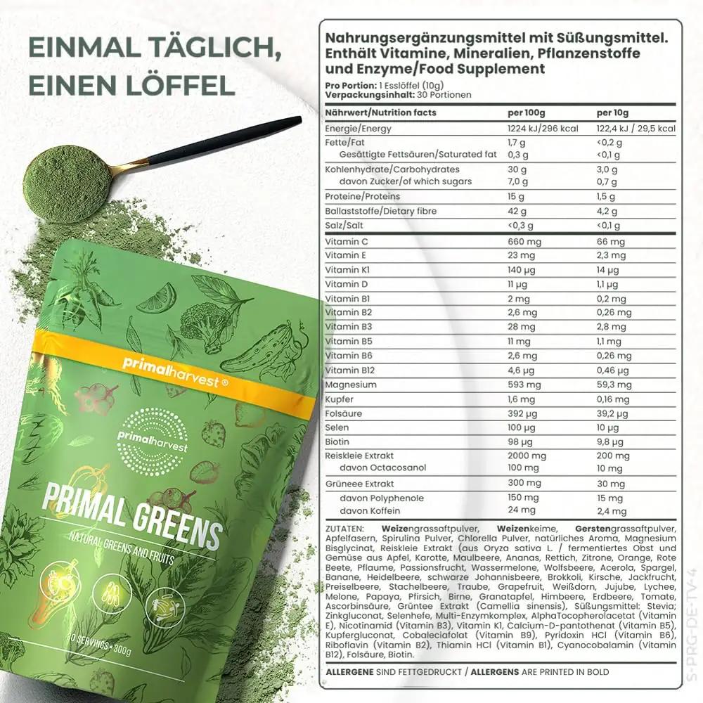 Primal Harvest Super Greens pulber — looduslik energialaeng – detailne vaade